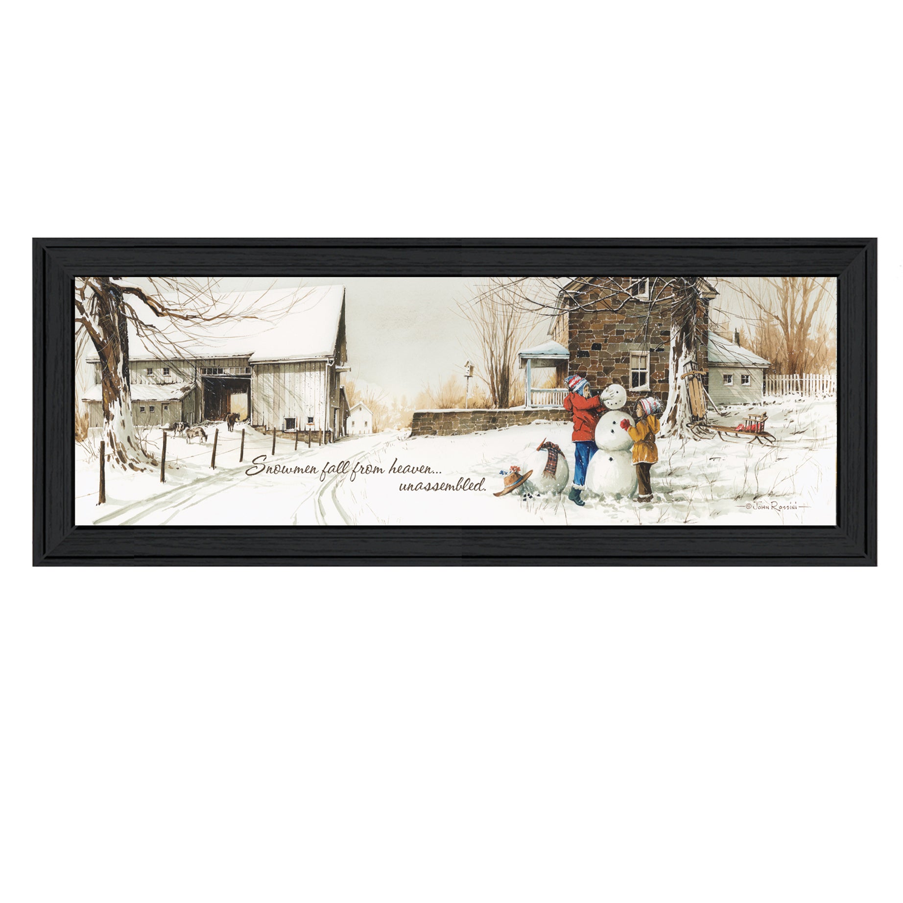 "Snowmen from Heaven" By John Rossini, Printed Wall Art, Ready To Hang Framed Poster, Black Frame--1