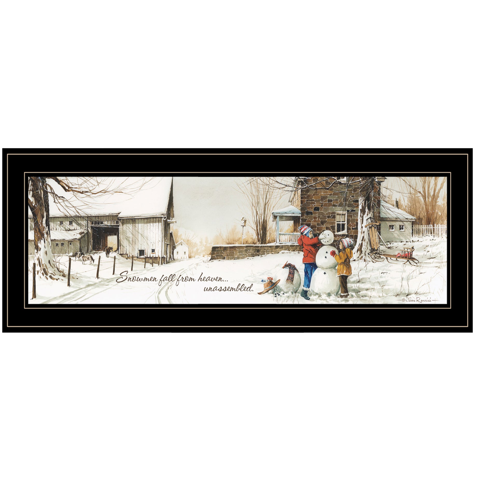 "Snowmen from Heaven" By John Rossini, Ready to Hang Framed Print, Black Frame--1