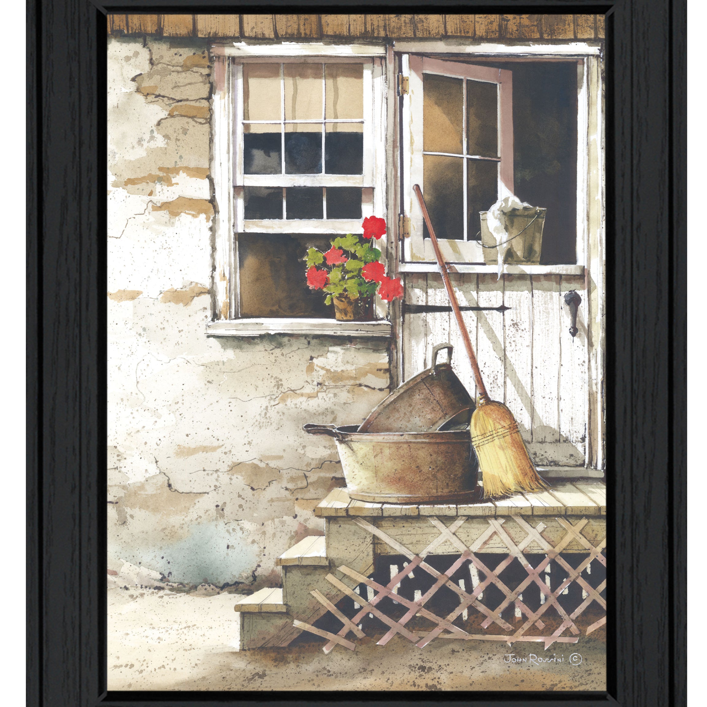 "Cleaning Day" by Artisan John Rossini, Ready to Hang Framed Print, Black Frame--1