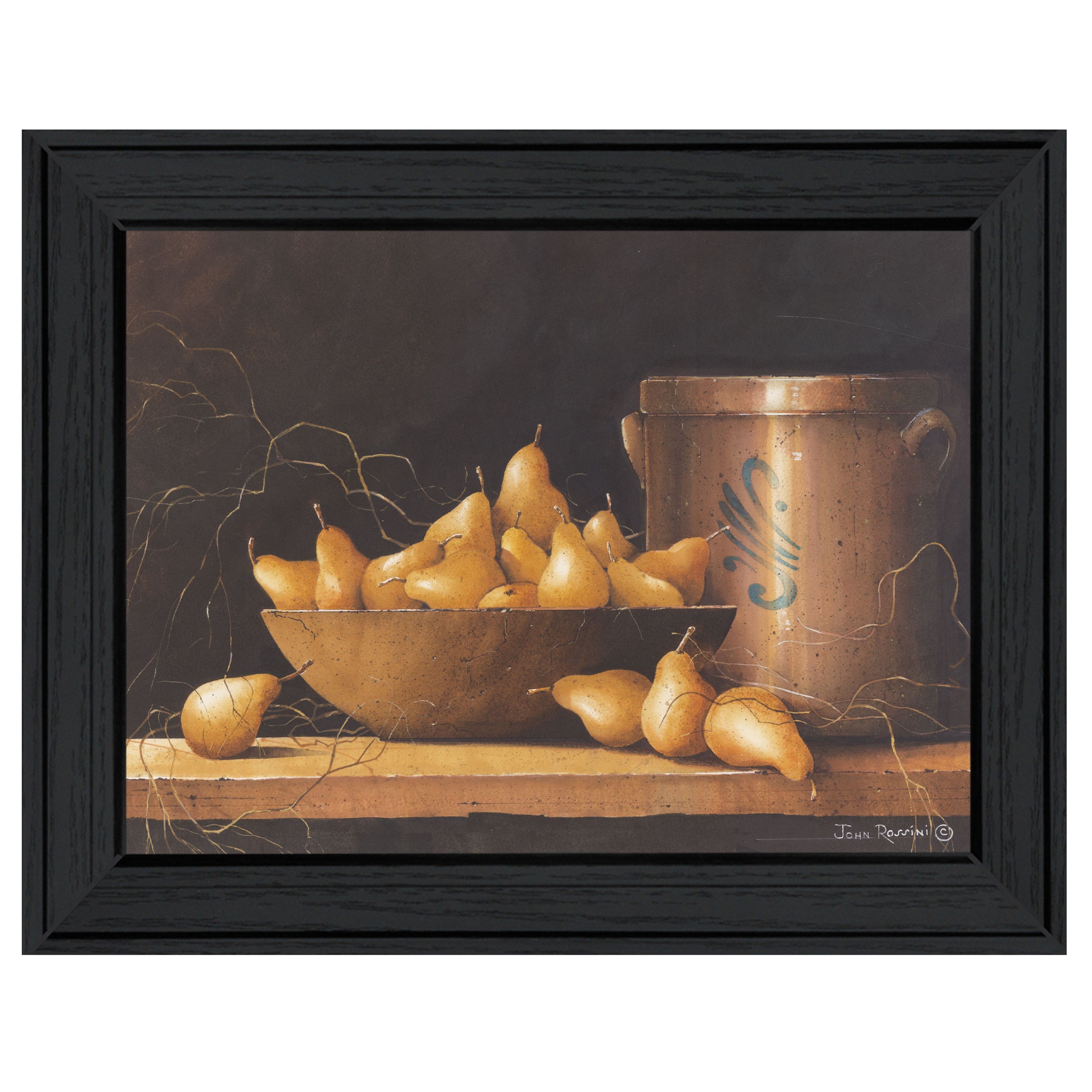 "Pears and Crocks" by Artisan John Rossini, Ready to Hang Framed Print, Black Frame--1