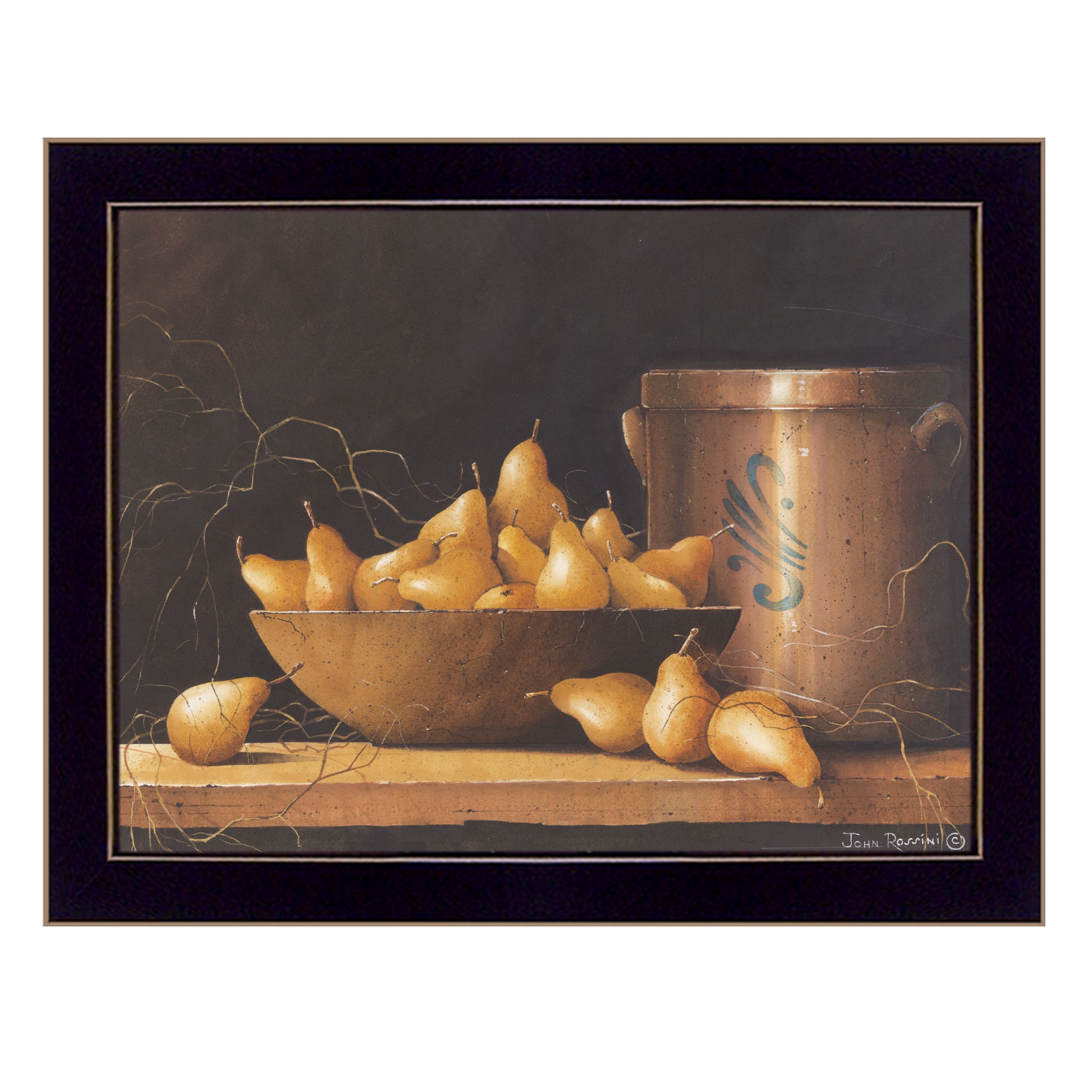 "Pears and Crocks" by Artisan John Rossini, Ready to Hang Framed Print, Black Frame--1