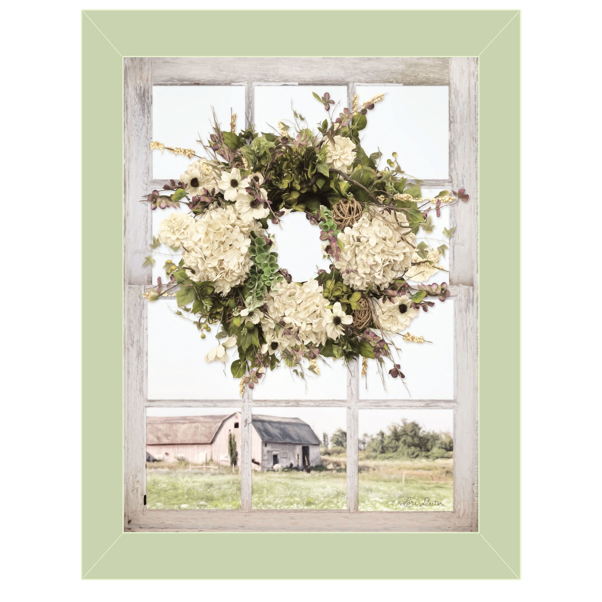 "Pleasant View" by Lori Deiter, Ready to Hang Framed Print, Light Green Window-Style Frame--1