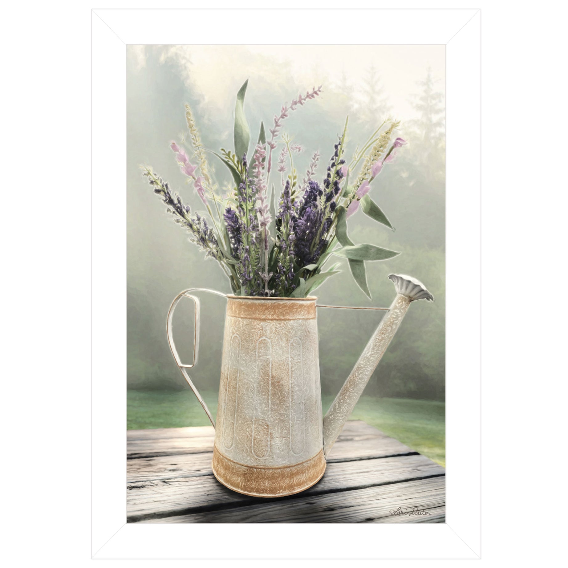 "Lavender Watering Can" by Lori Deiter, Ready to Hang Framed Print, White Frame--1