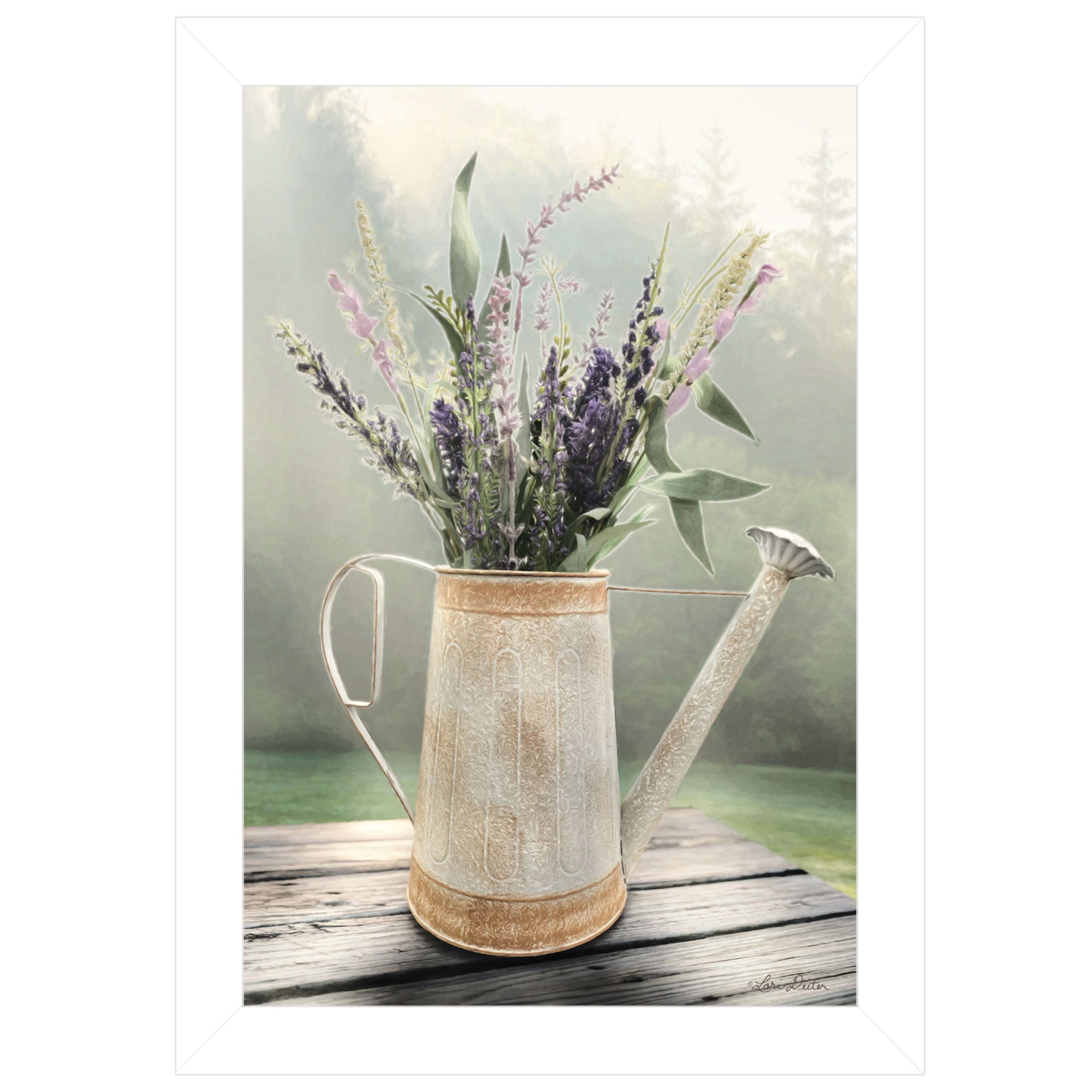 "Lavender Watering Can" by Lori Deiter, Ready to Hang Framed Print, White Frame--1