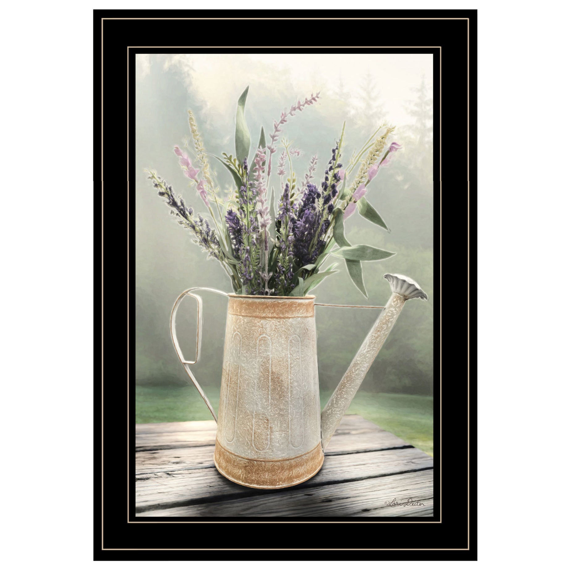 "Lavender Watering Can" by Artisan Lori Deiter , Ready to Hang Framed Print, Black Frame--1