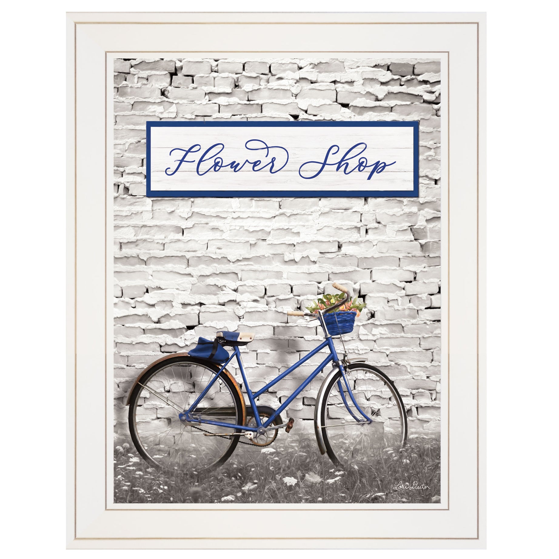 "Flower Shop Bicycle" by Lori Deiter, Ready to Hang Framed Print, White Frame--1