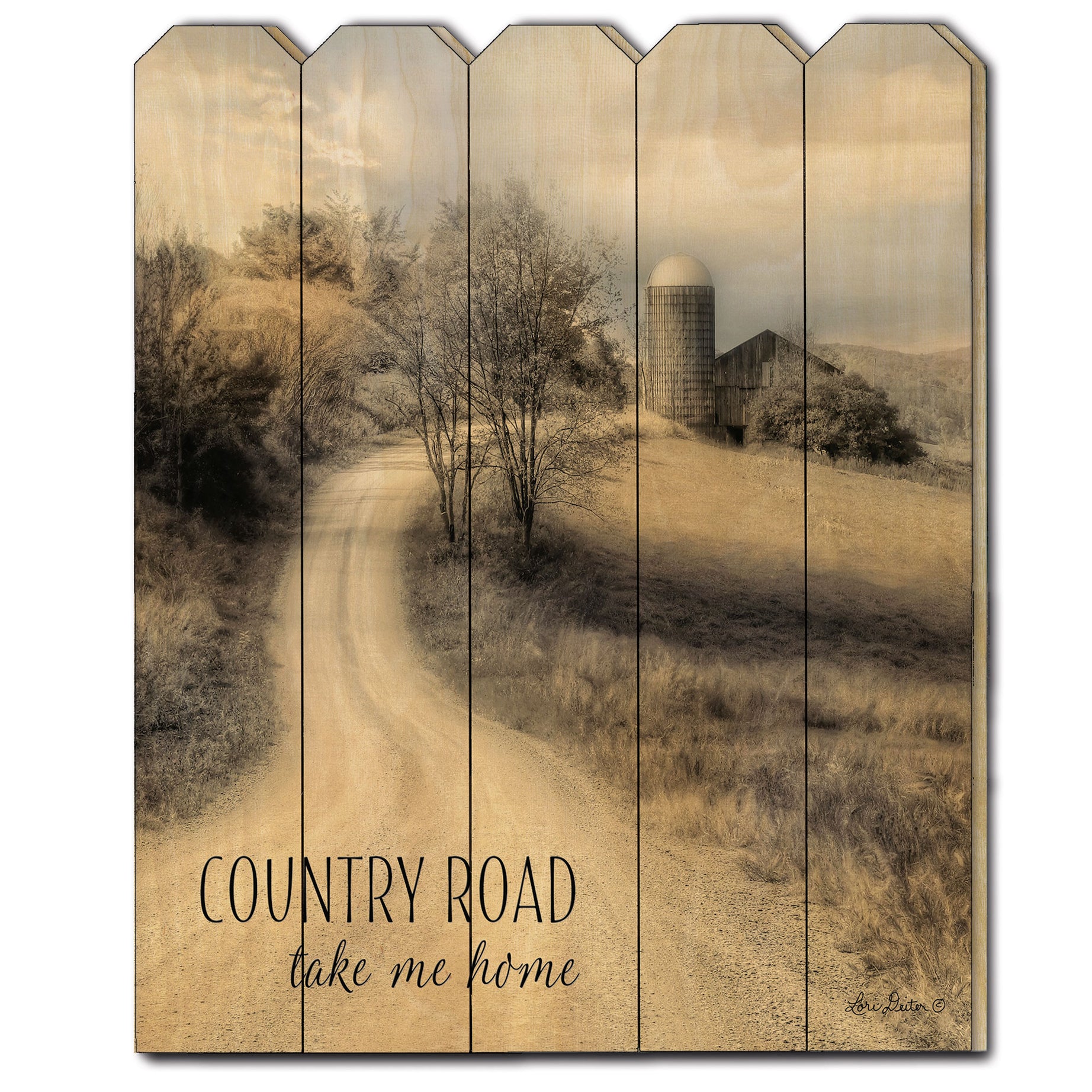 "Country Road Take Me Home" by Lori Deiter, Printed Wall Art on a Wood Picket Fence--1