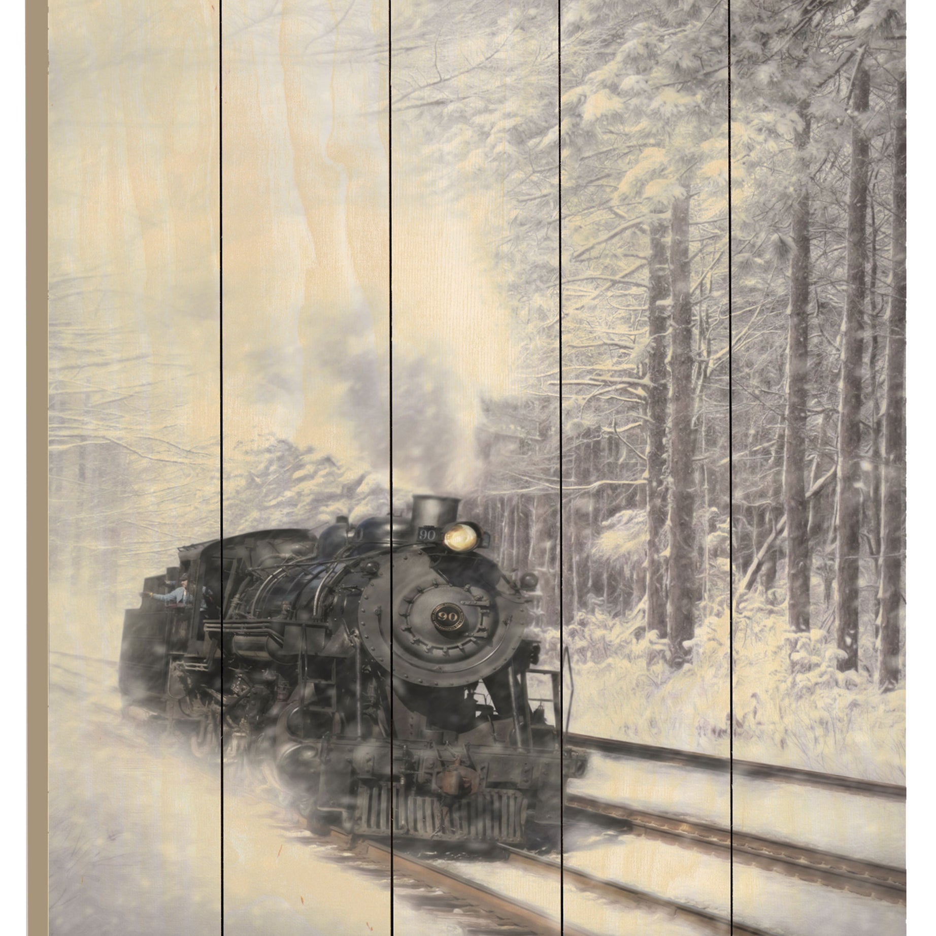 "Snowy Locomotive" By Artisan Lori Deiter, Printed on Wooden Picket Fence Wall Art--1