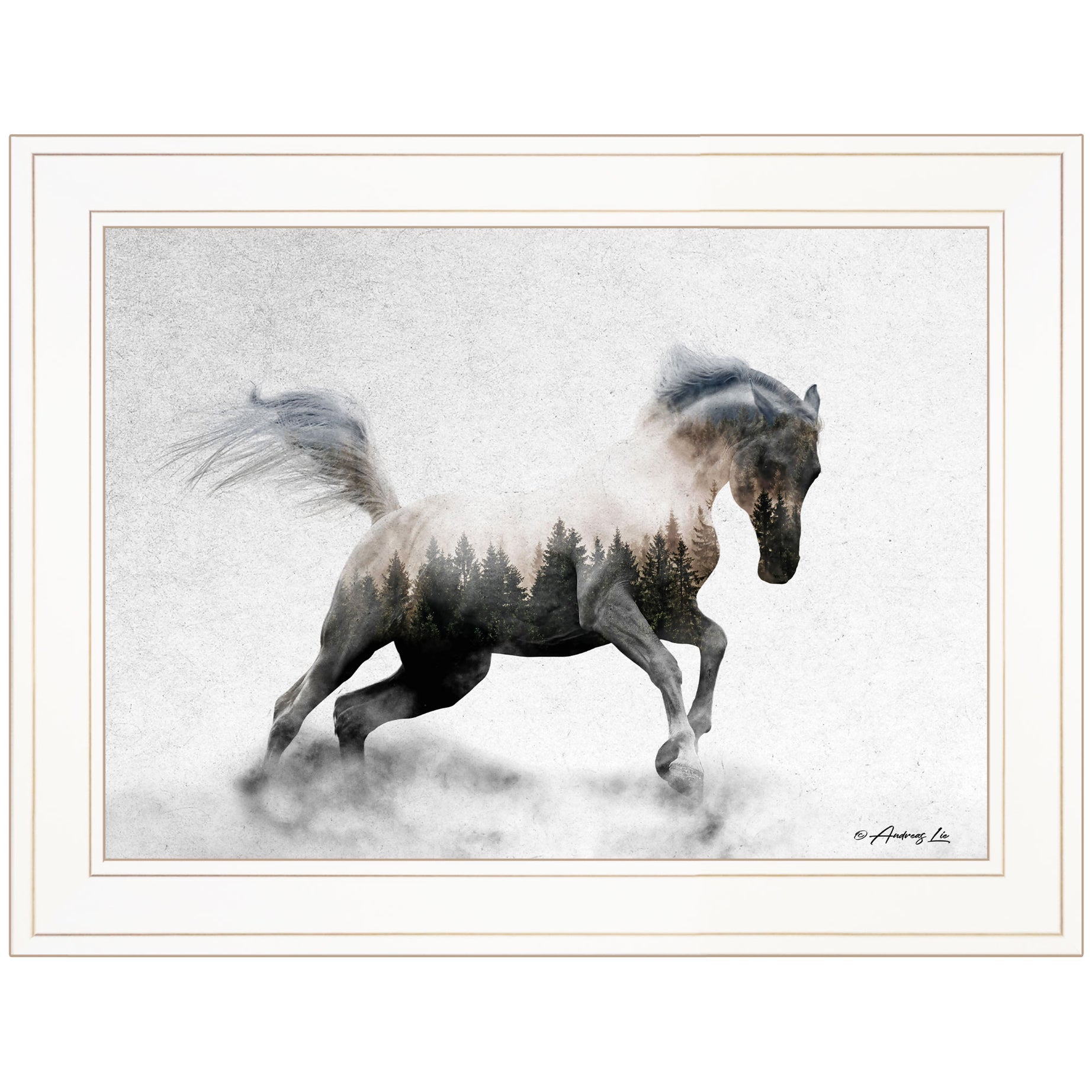 "Running White Stallion" by Andreas Lie, Ready to Hang Framed Print, White Frame--1