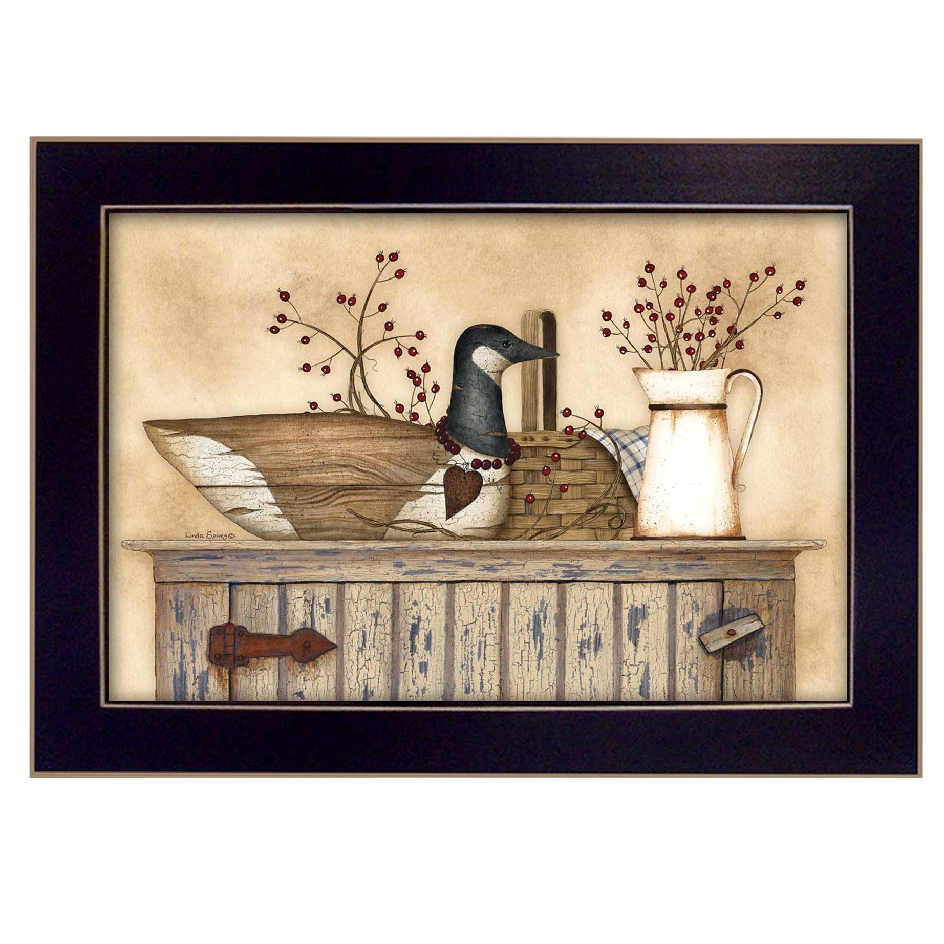 "Duck and Berry Still Life" By Linda Spivey, Printed Wall Art, Ready To Hang Framed Poster, Black Frame--1