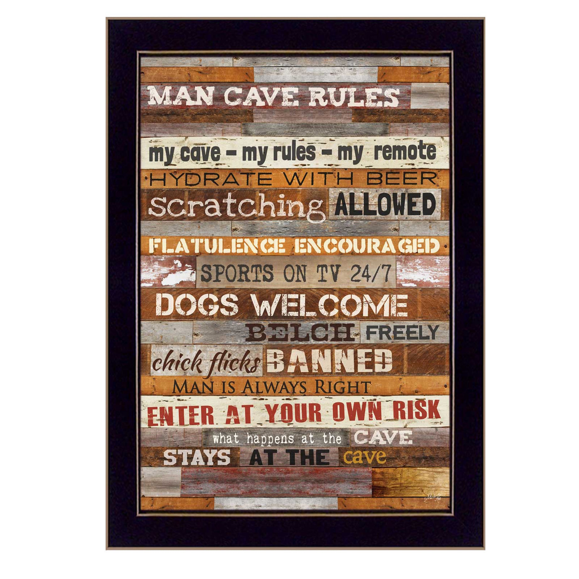 "Man Cave Rules" By Marla Rae, Printed Wall Art, Ready To Hang Framed Poster, Black Frame--1