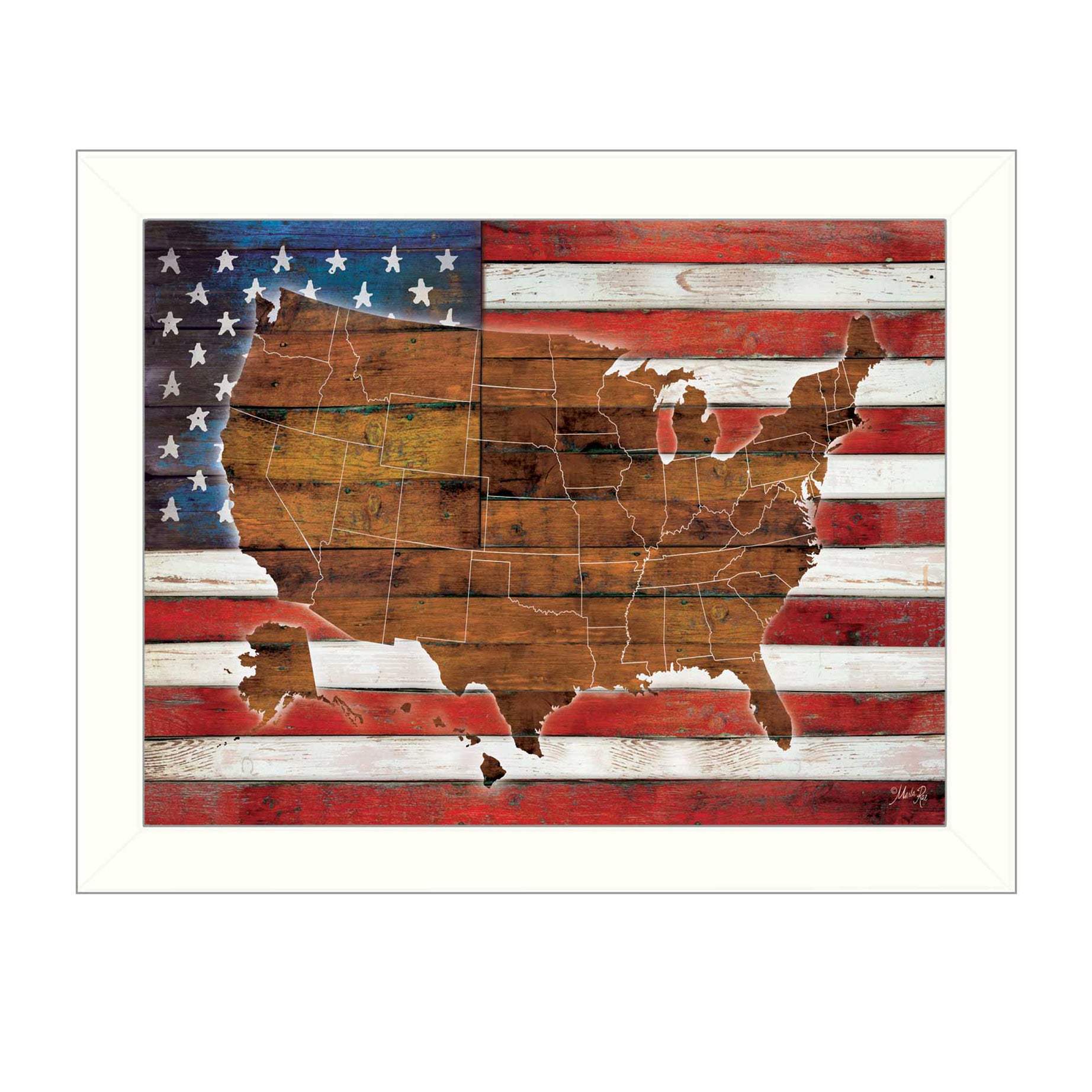 "American Flag USA Map" By Marla Rae, Printed Wall Art, Ready To Hang Framed Poster, White Frame--1