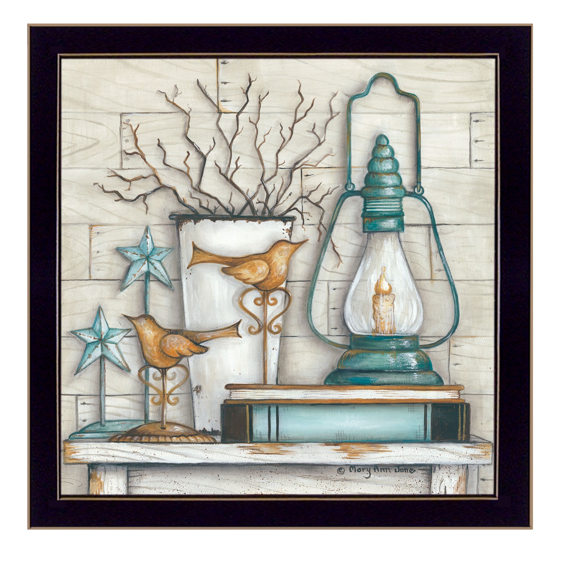 "Lantern on Books" By Mary June, Printed Wall Art, Ready To Hang Framed Poster, Black Frame--1