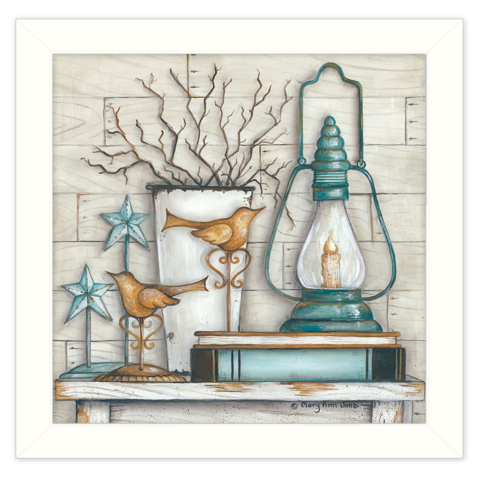 "Lantern on Books" By Mary June, Printed Wall Art, Ready To Hang Framed Poster, White Frame--1