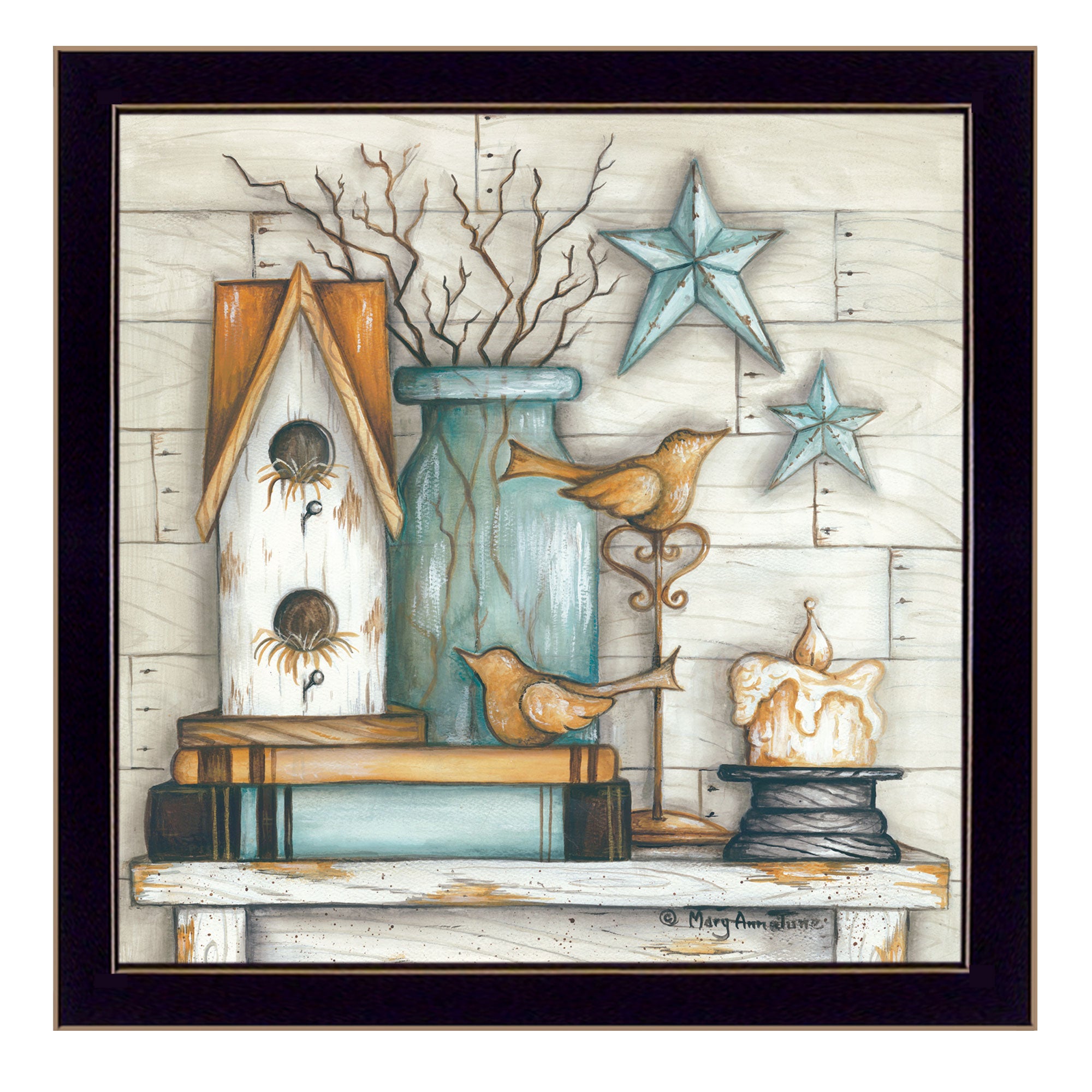 "Birdhouse on Books" By Mary June, Printed Wall Art, Ready To Hang Framed Poster, Black Frame--1