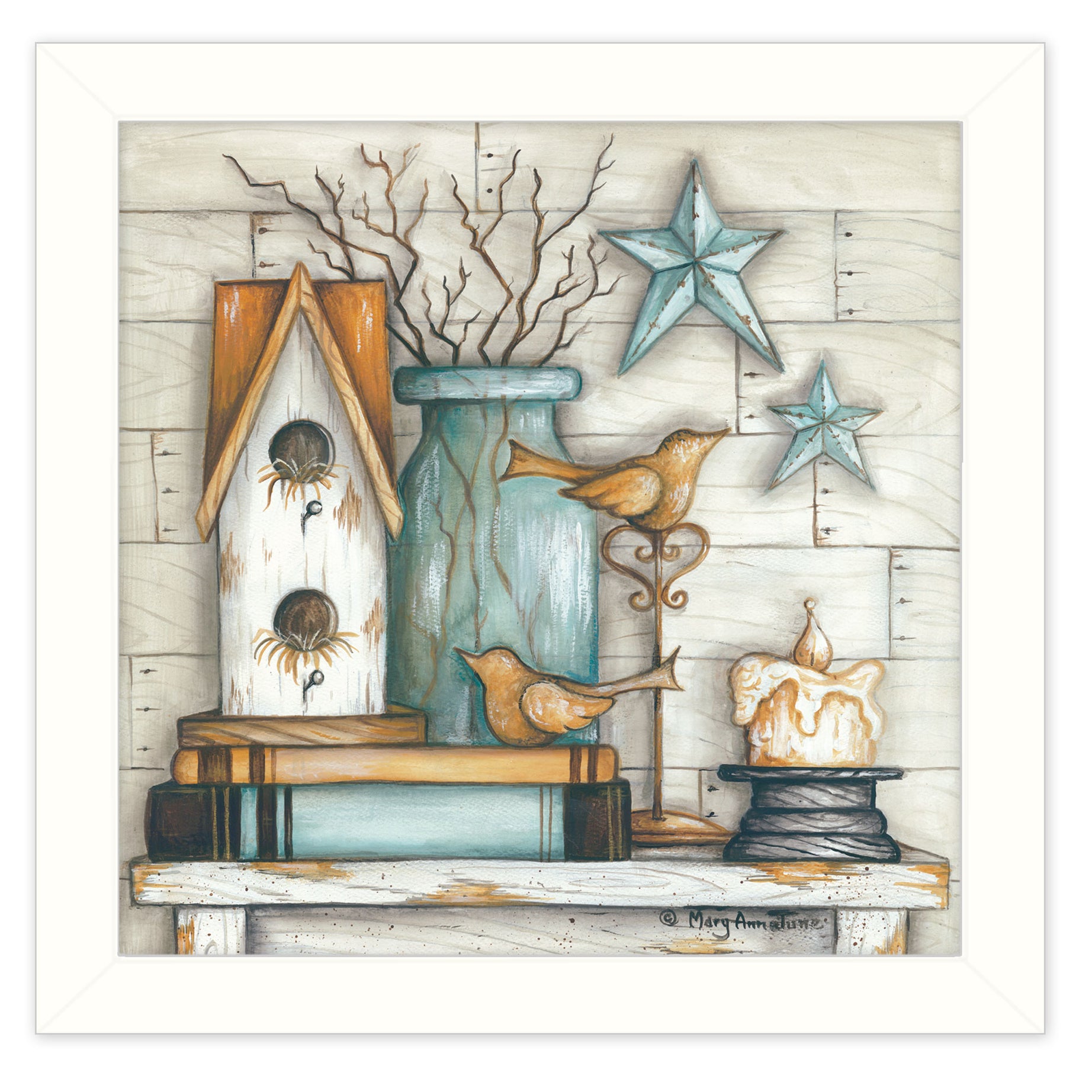 "Birdhouse on Books" By Mary June, Printed Wall Art, Ready To Hang Framed Poster, White Frame--1