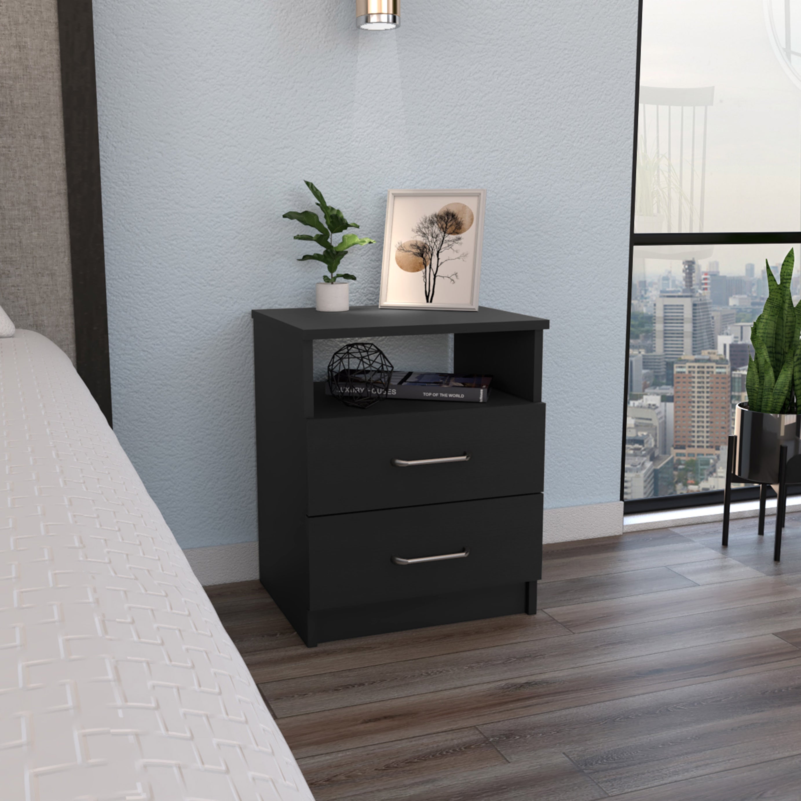 Napoles Nightstand , End Table, Side Table Superior Top, Two Drawers, One Shelf -Black--1