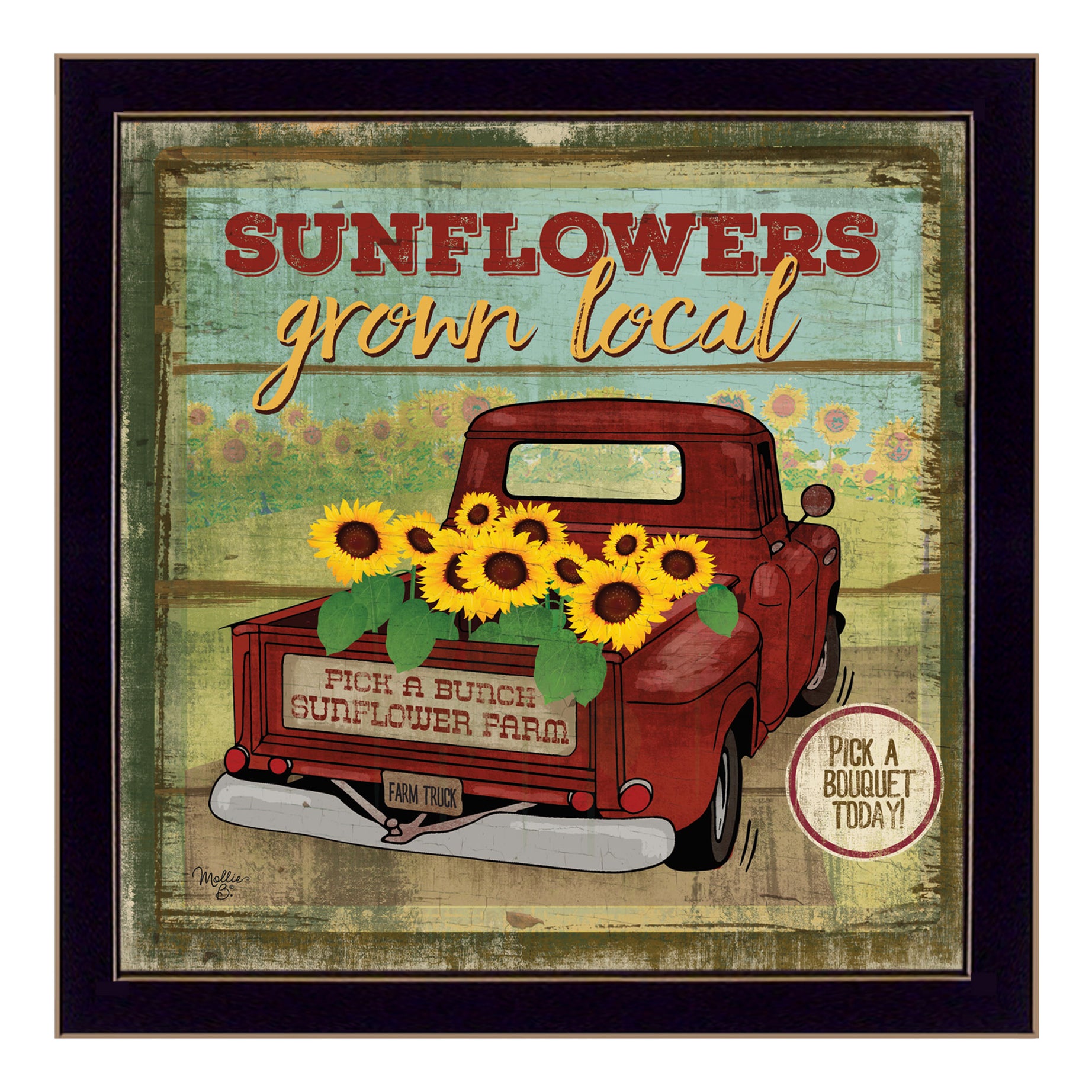 "Sunflowers From the Farm" By Mollie B., Printed Wall Art, Ready To Hang Framed Poster, Black Frame--1