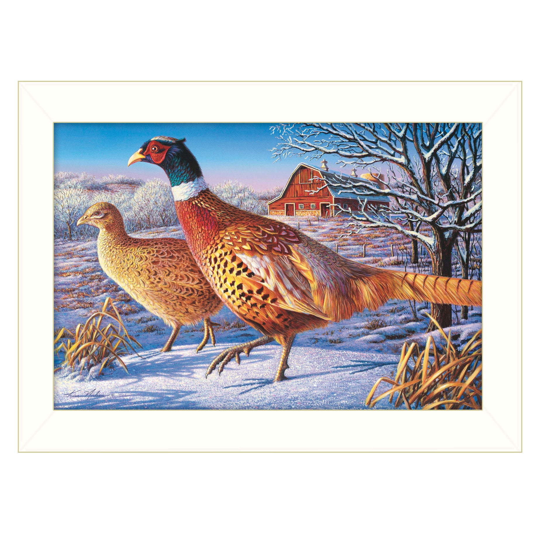 "Frosty Morning Ringnecks" by Kim Norlien, Ready to Hang Framed Print, White Frame--1