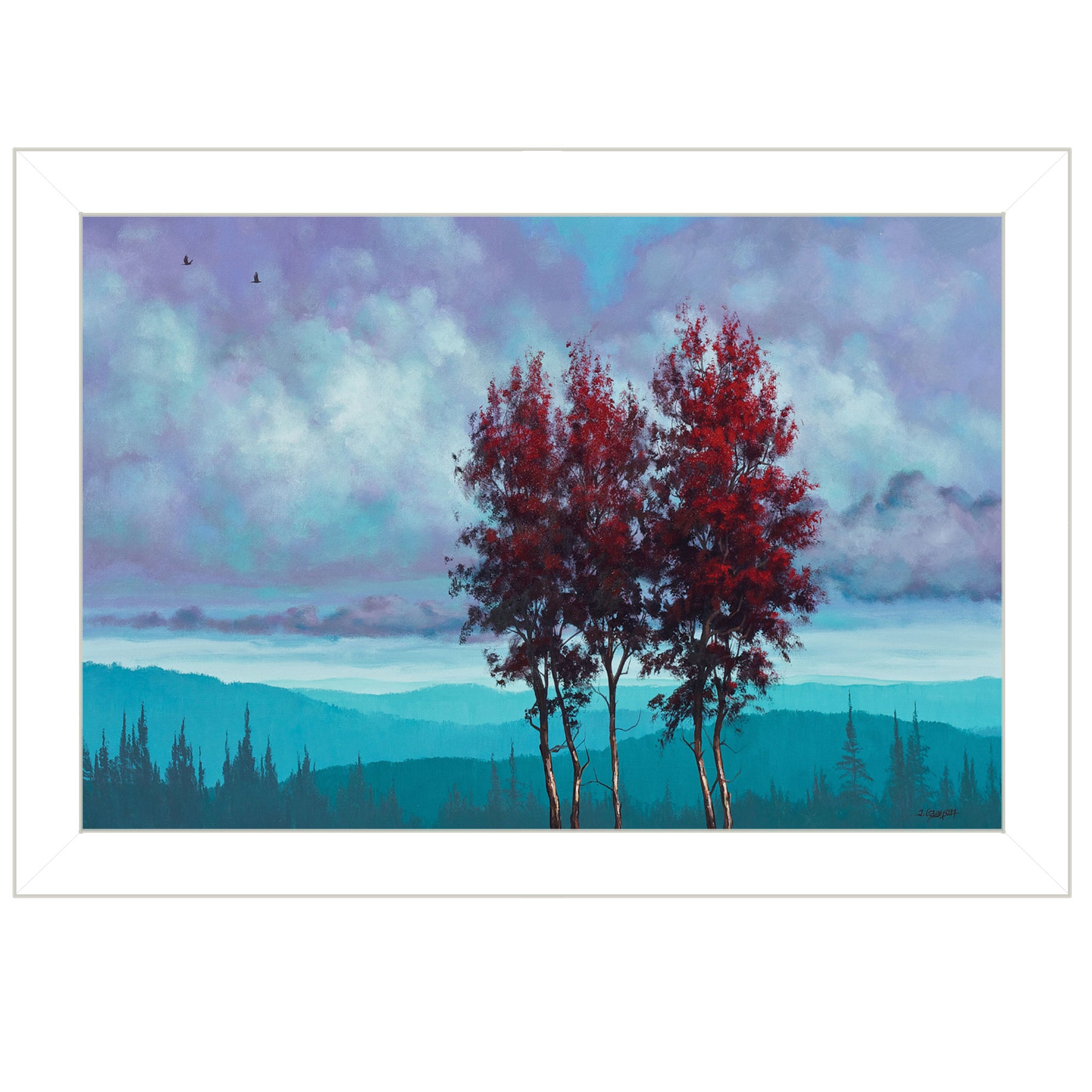 "Two Red Trees" by Tim Gagnon, Ready to Hang Framed print, White Frame--1