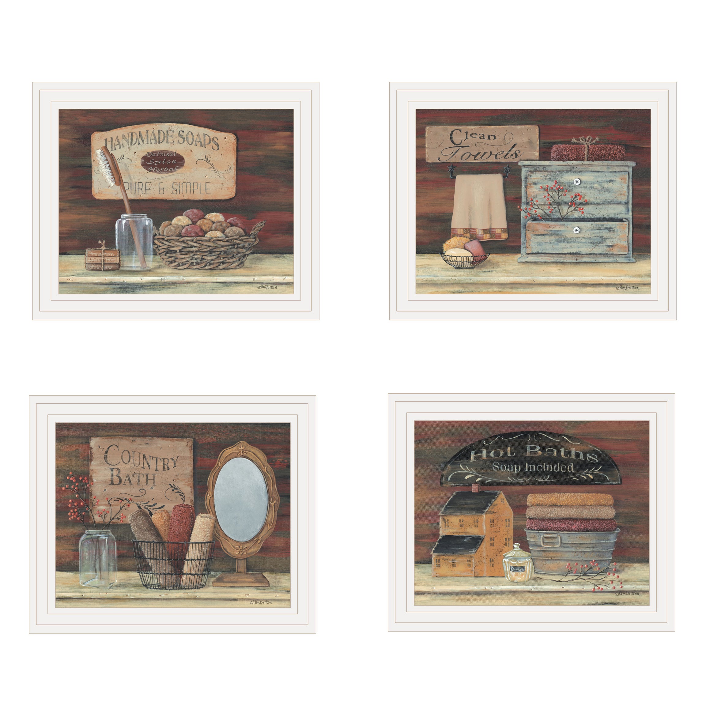 "BATHROOM COLLECTION I" 4-Piece Vignette by Pam Britton, White Frame--1