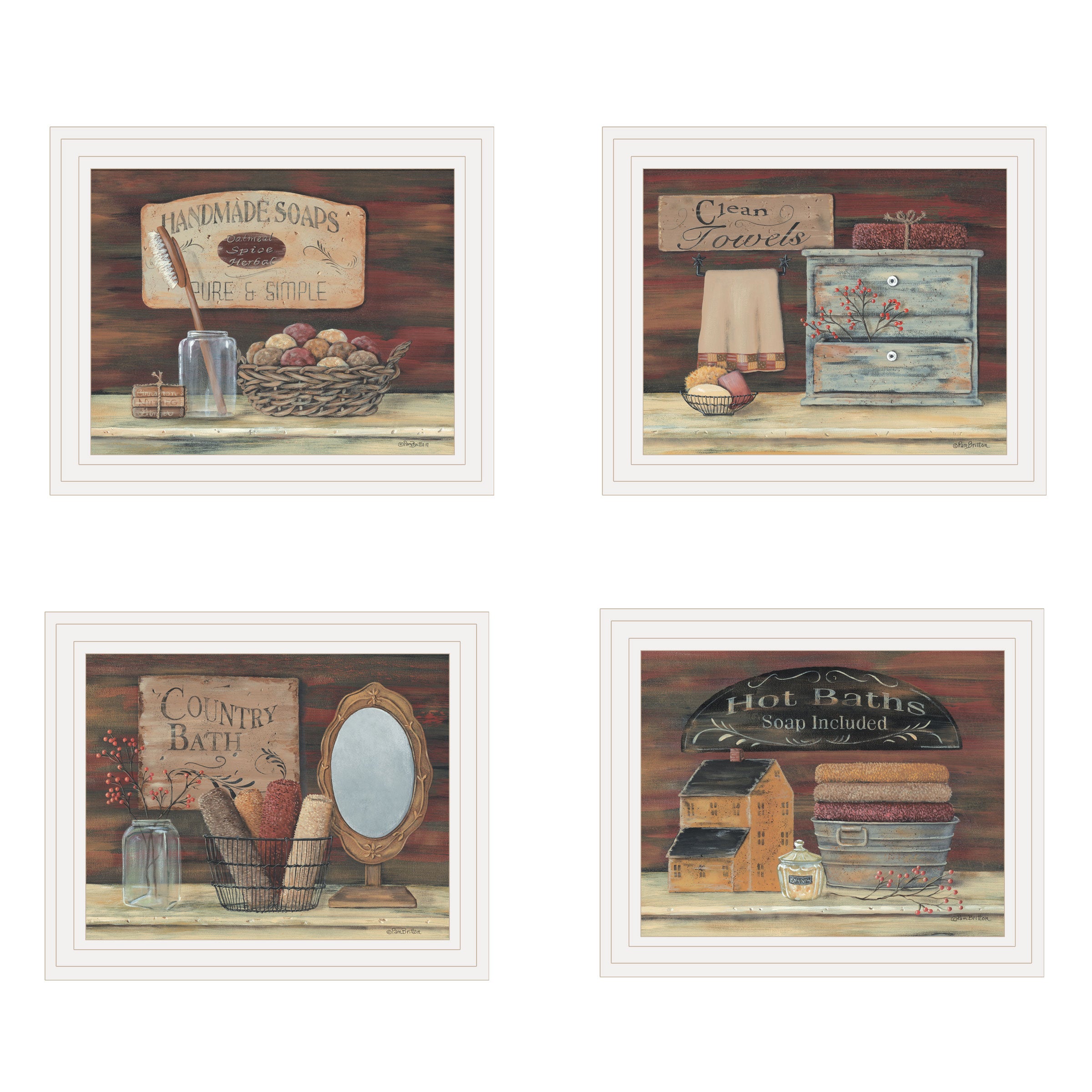 "BATHROOM COLLECTION I" 4-Piece Vignette by Pam Britton, White Frame--1