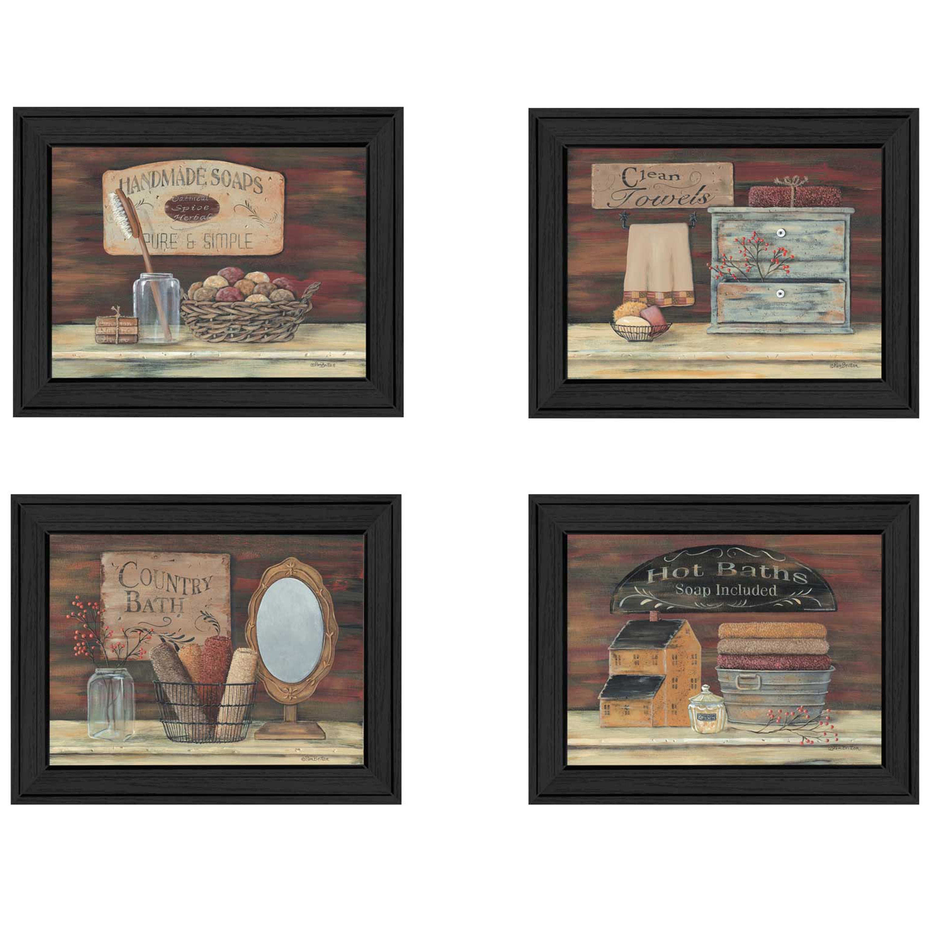 "Bathroom I Collection " 4-Piece Vignette By Pam Britton, Printed Wall Art, Ready To Hang Framed Poster, Black Frame--1