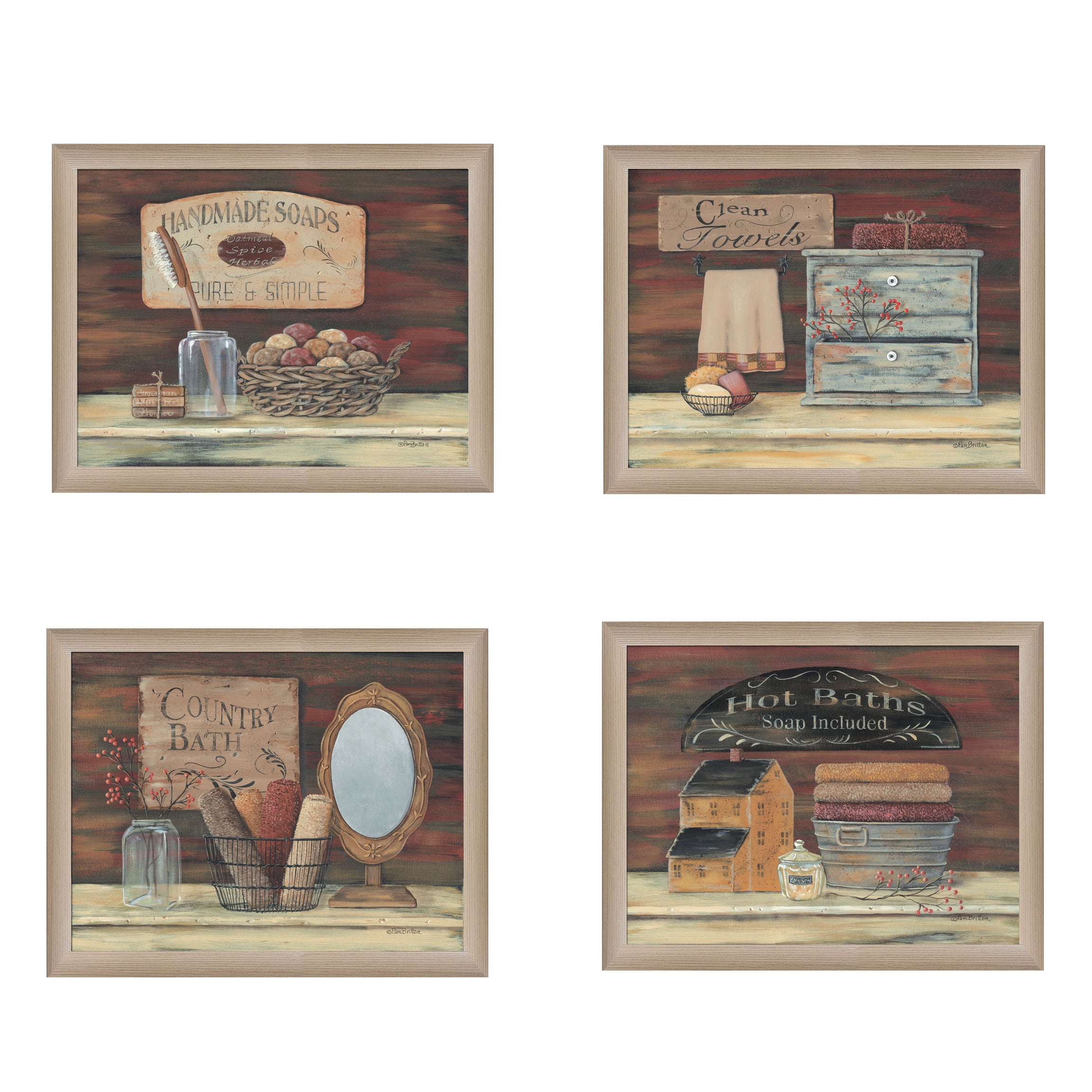 "BATHROOM COLLECTION I" 4-Piece Vignette by Pam Britton, Taupe Frame--1