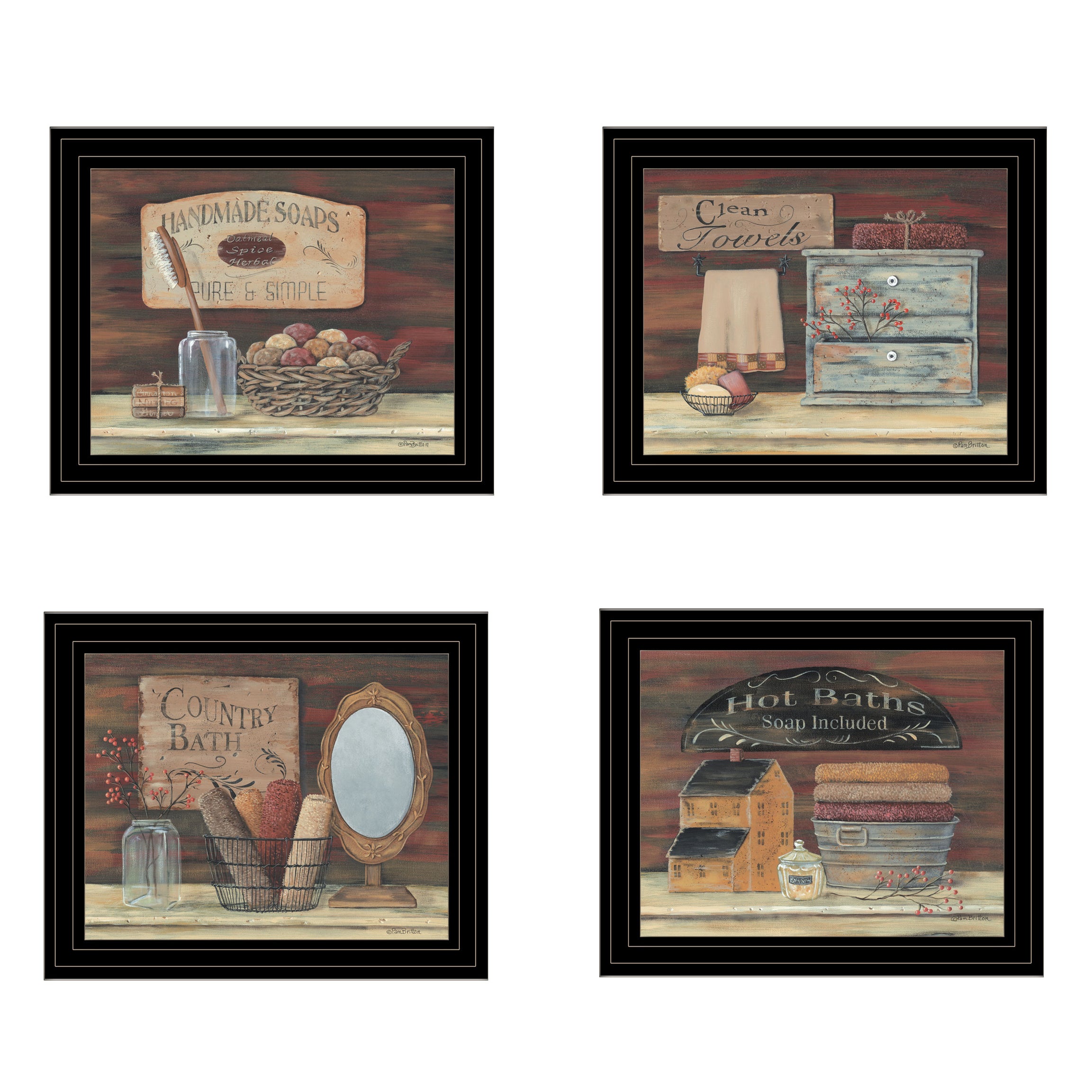 "BATHROOM COLLECTION I" 4-Piece Vignette by Pam Britton, Black Frame--1