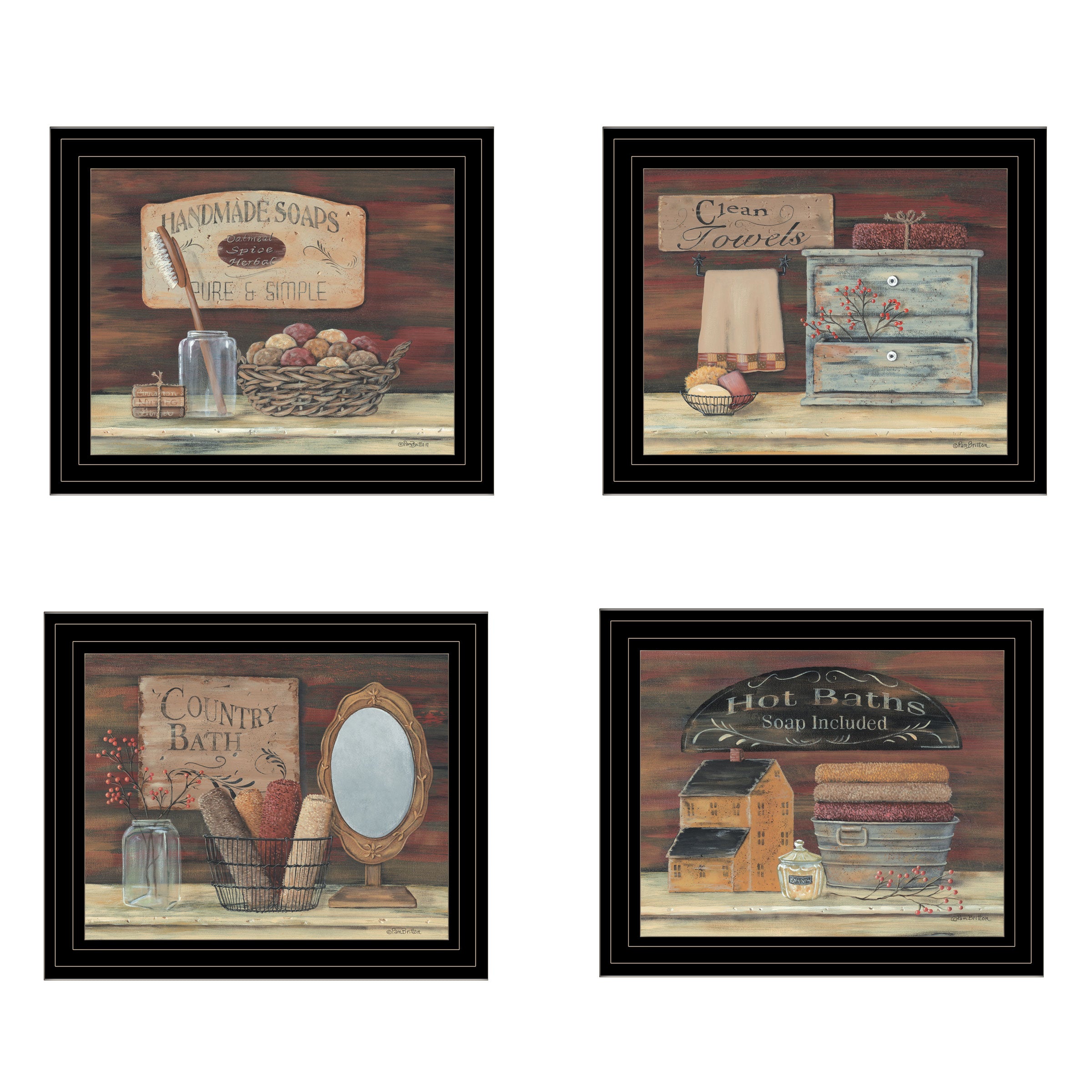 "BATHROOM COLLECTION I" 4-Piece Vignette by Pam Britton, Black Frame--1