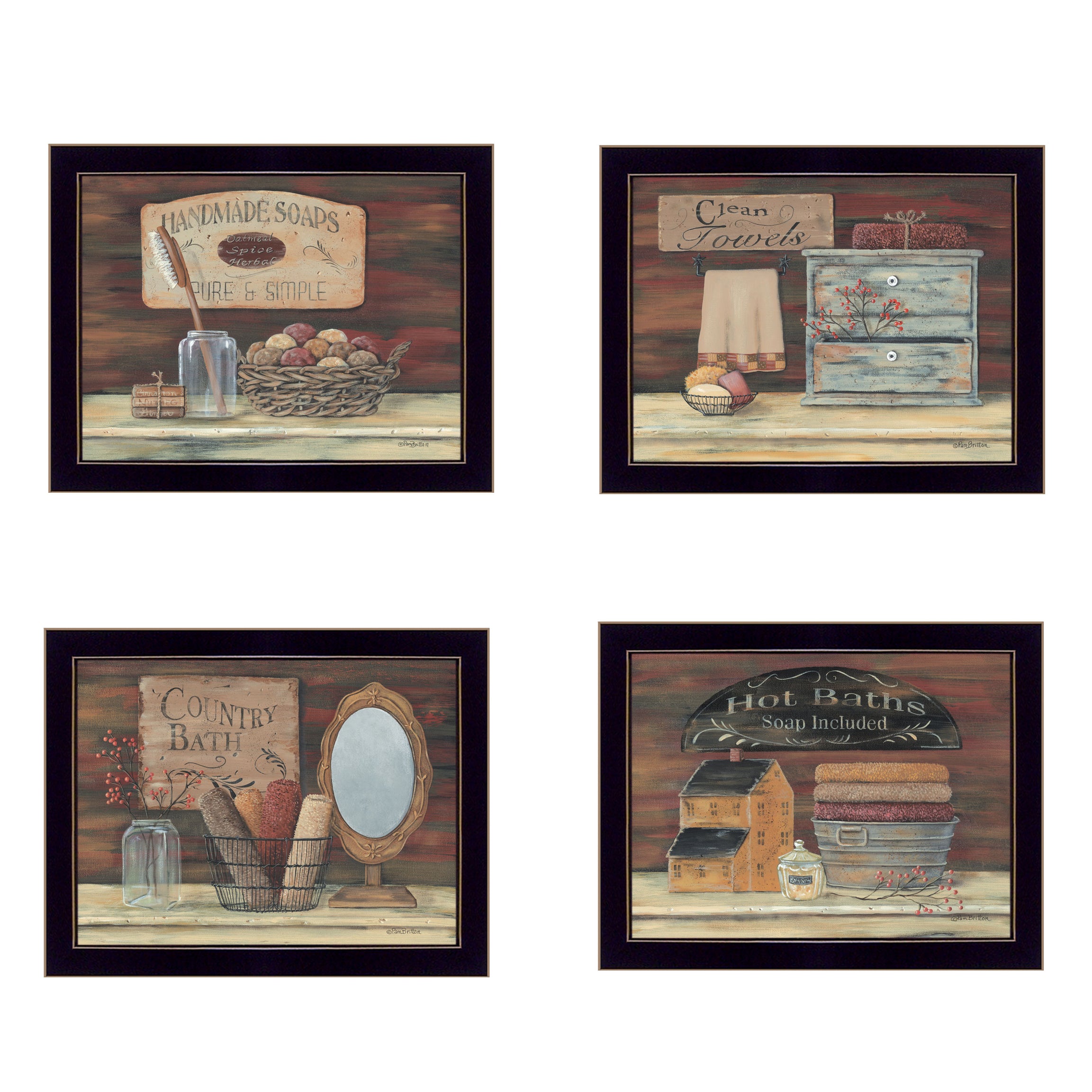 "BATHROOM COLLECTION I" 4-Piece Vignette by Pam Britton, Black Frame--1