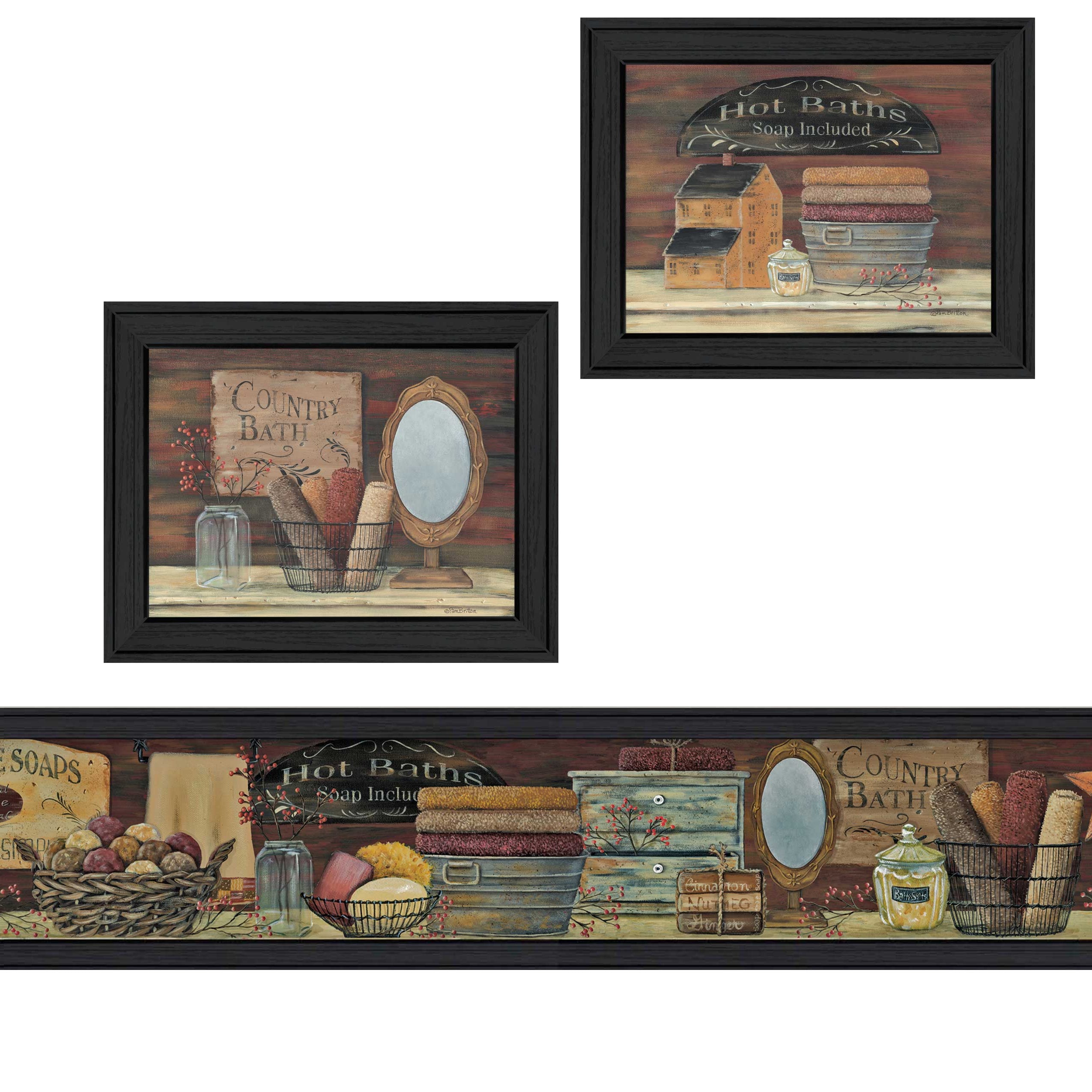 "Country Bath I Collection" 3-Piece Vignette By Pam Britton, Printed Wall Art, Ready To Hang Framed Poster, Black Frame--1