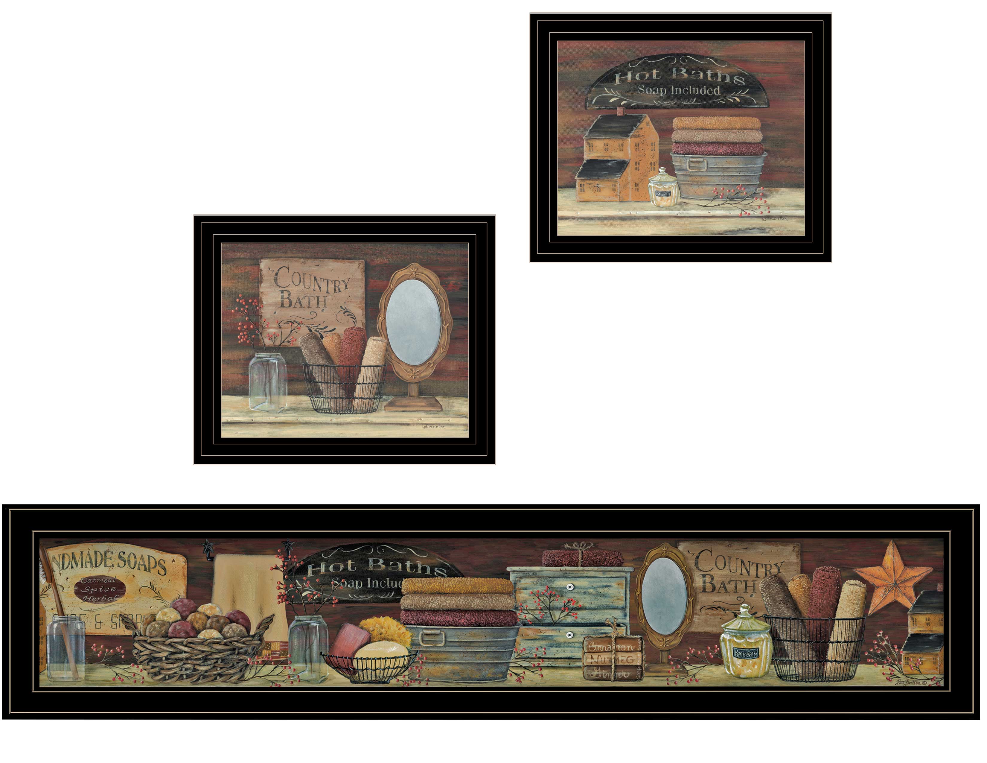 "COUNTRY BATH II" 3-Piece Vignette by Pam Britten, Black Frame--1