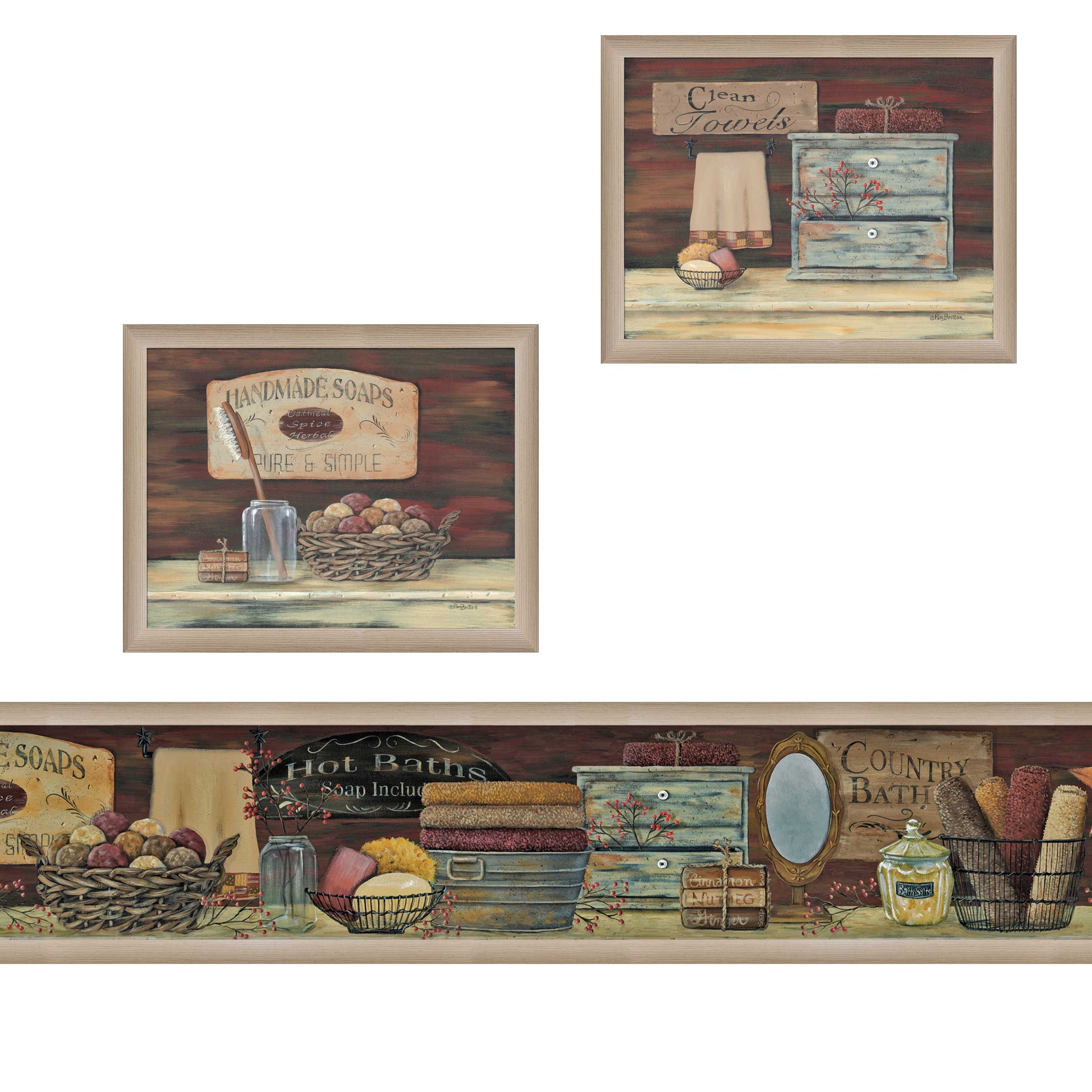 "COUNTRY BATH II" 3-Piece Vignette by Pam Britten, Taupe Frame--1