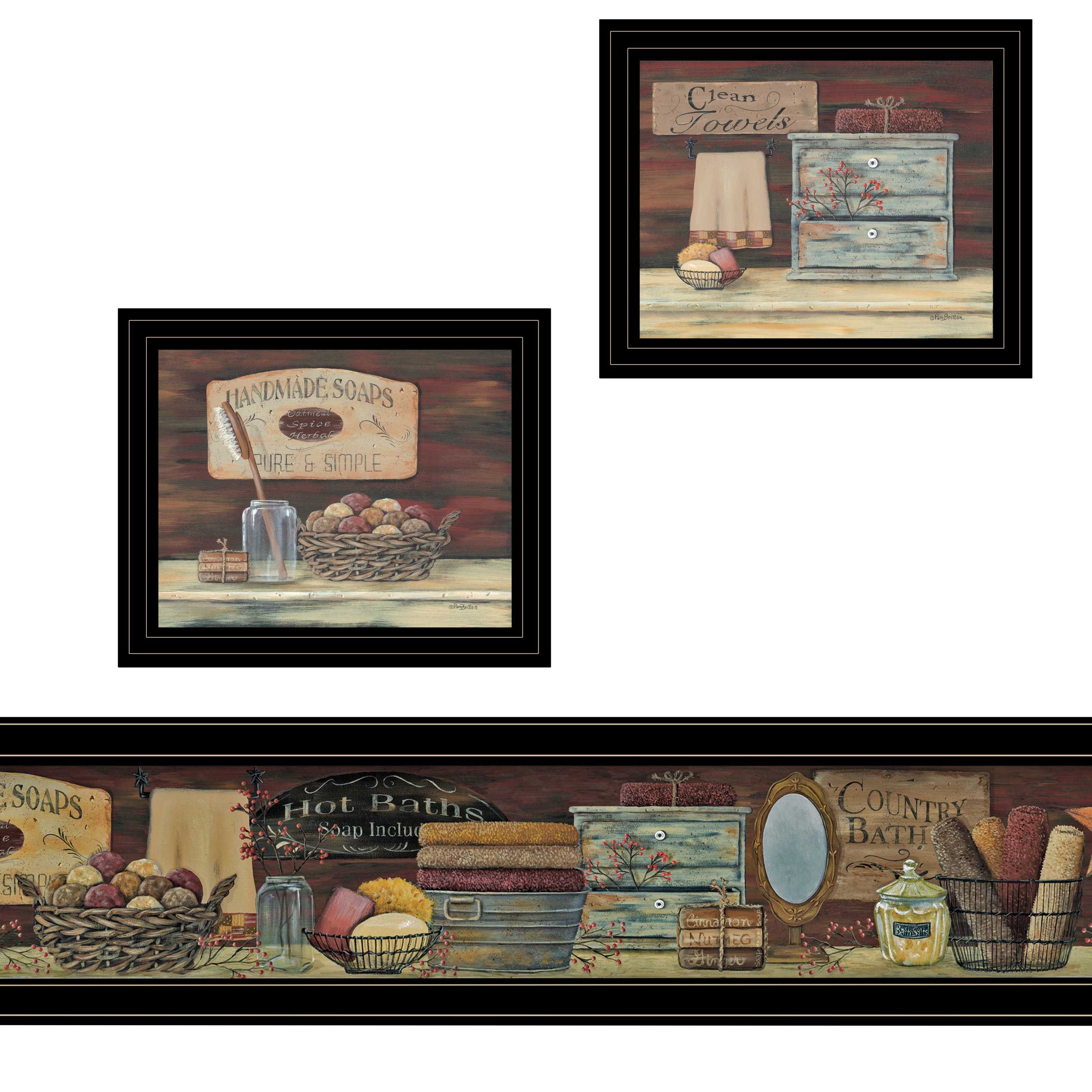 "COUNTRY BATH II" 3-Piece Vignette by Pam Britten, Black Frame--1