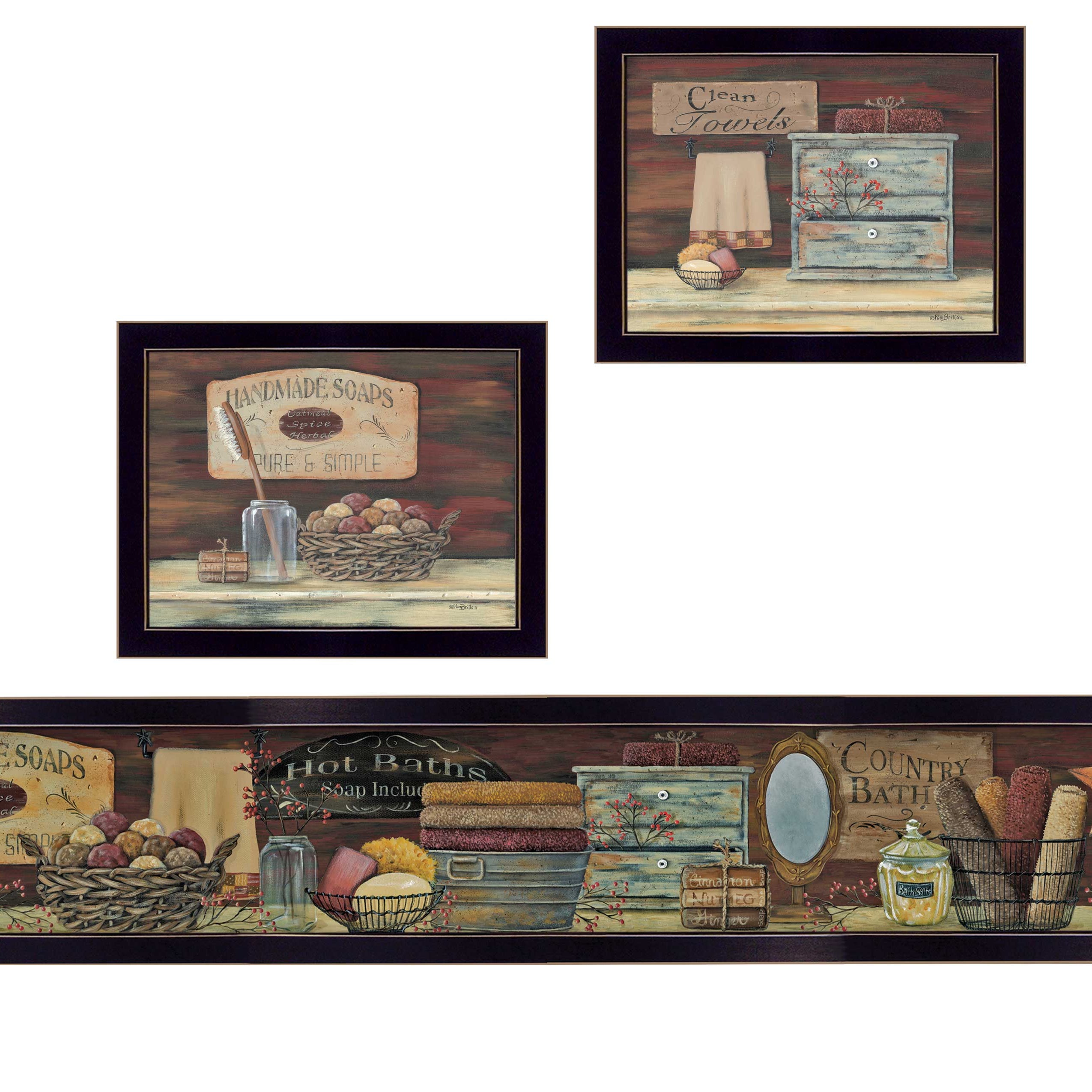 "COUNTRY BATH II" 3-Piece Vignette by Pam Britten, Black Frame--1