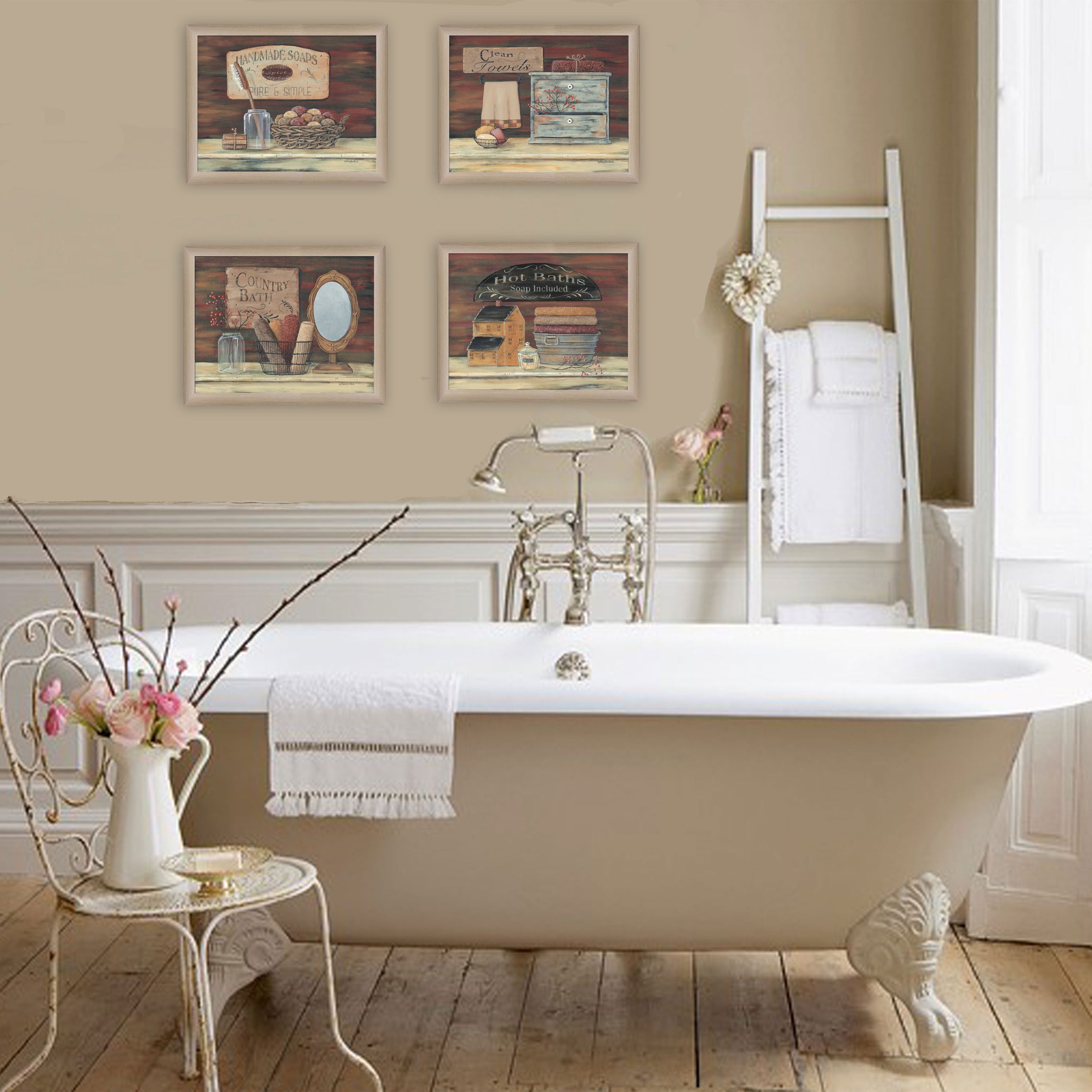 "Bathroom II Collection " 4-Piece Vignette By Pam Britton, Printed Wall Art, Ready To Hang Framed Poster, Beige Frame--2