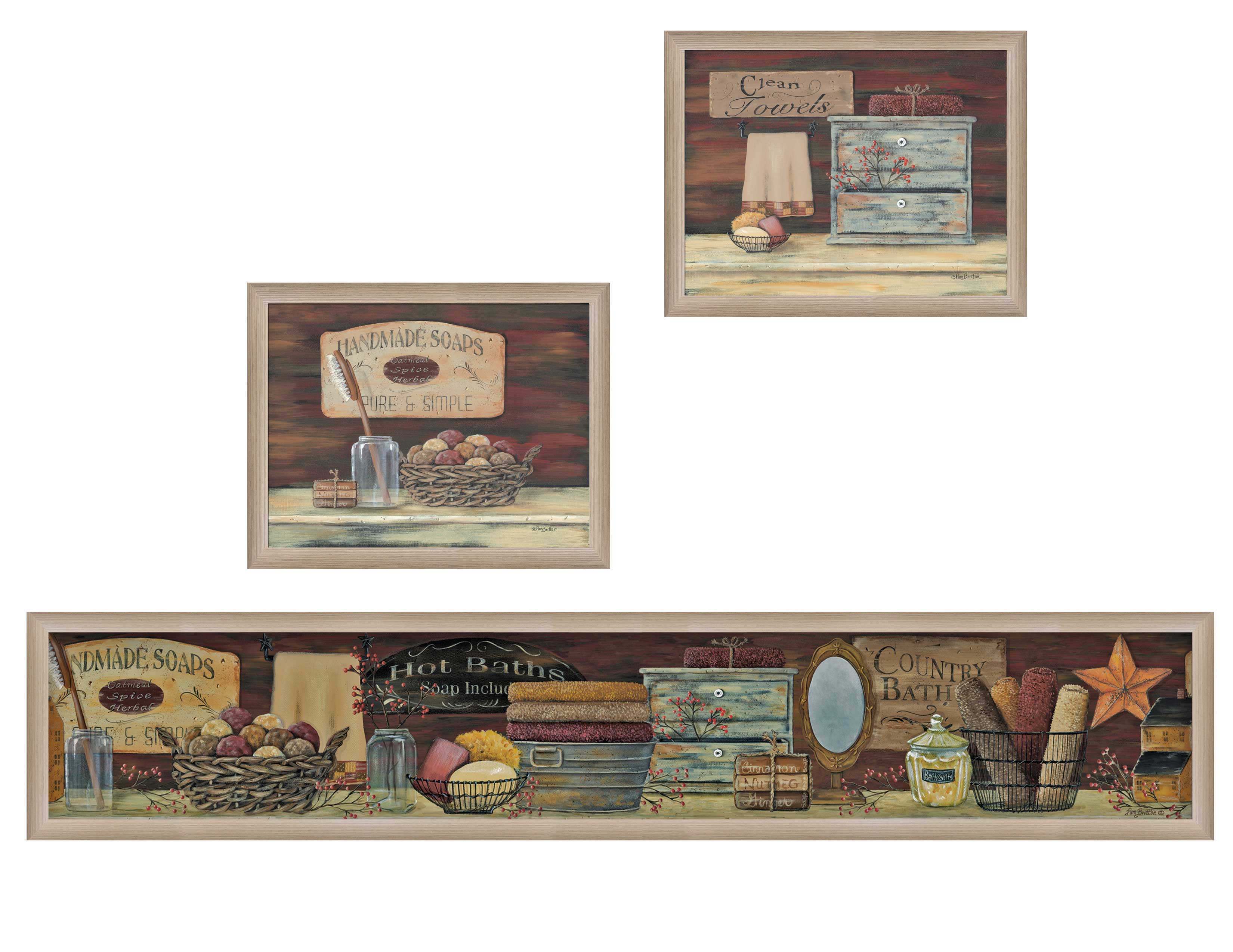 "Country Bath I Collection" 3-Piece Vignette By Pam Britton, Printed Wall Art, Ready To Hang Framed Poster, Beige Frame--1