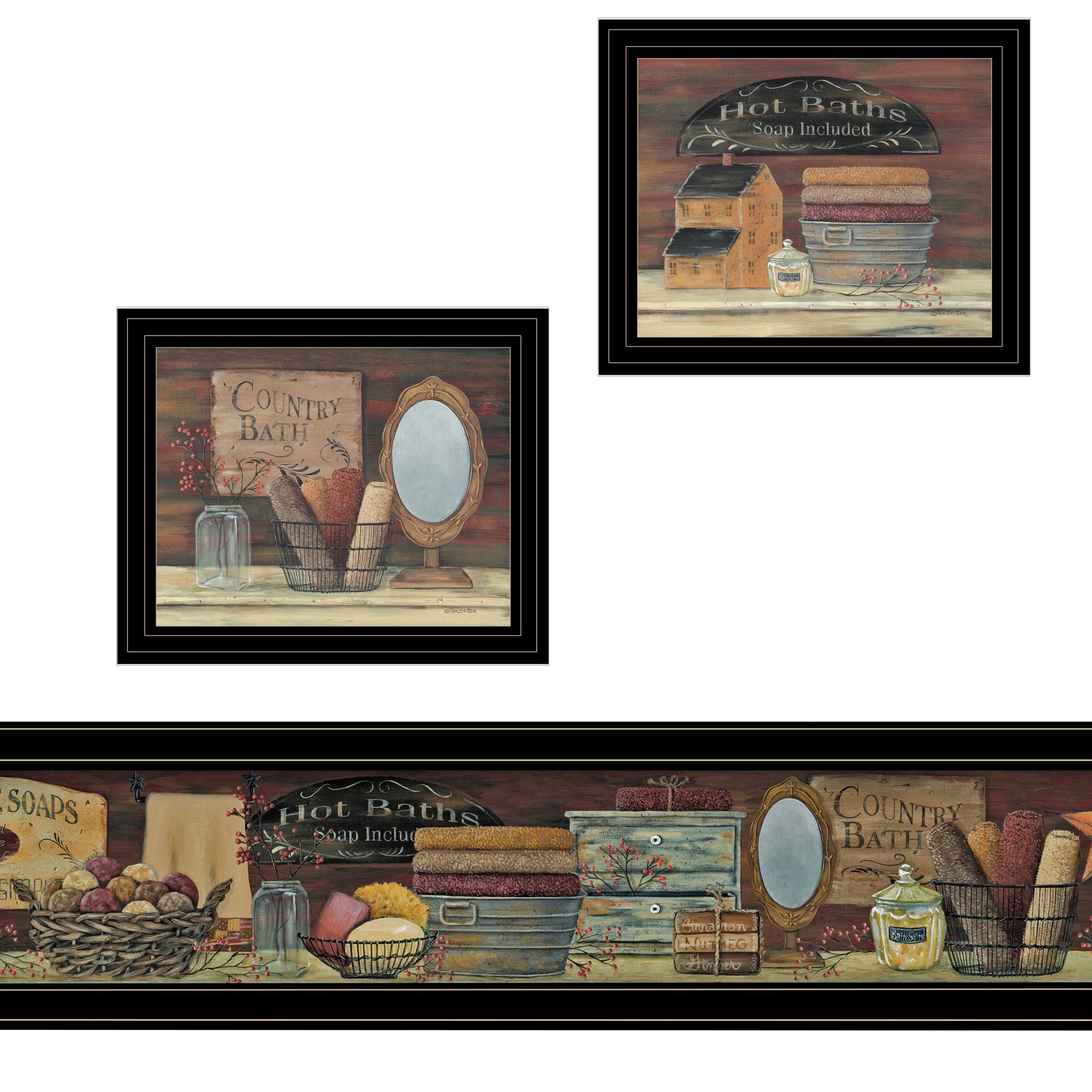 "COUNTRY BATH II" 3-Piece Vignette by Pam Britten, Black Frame--1