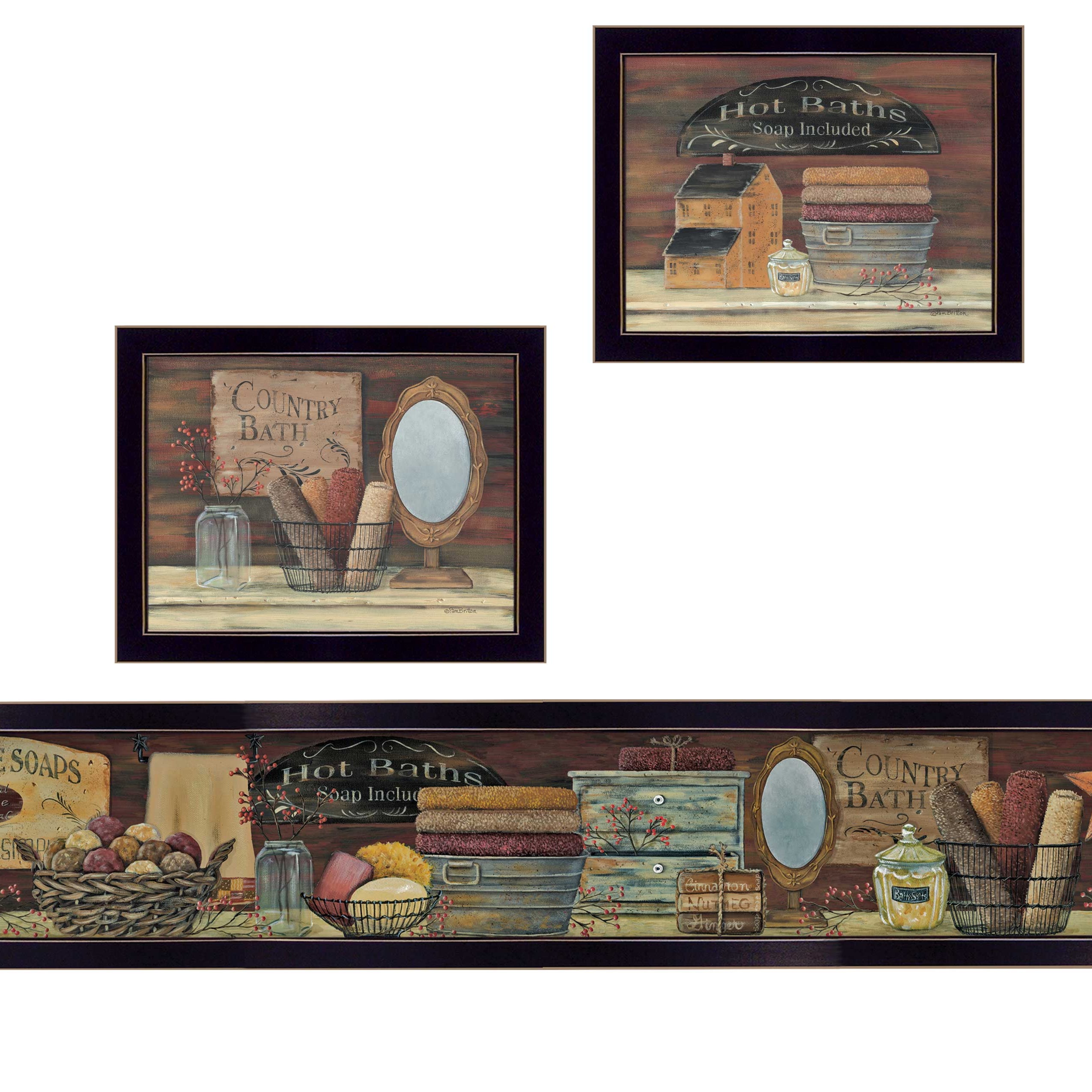 "COUNTRY BATH II" 3-Piece Vignette by Pam Britten, Black Frame--1