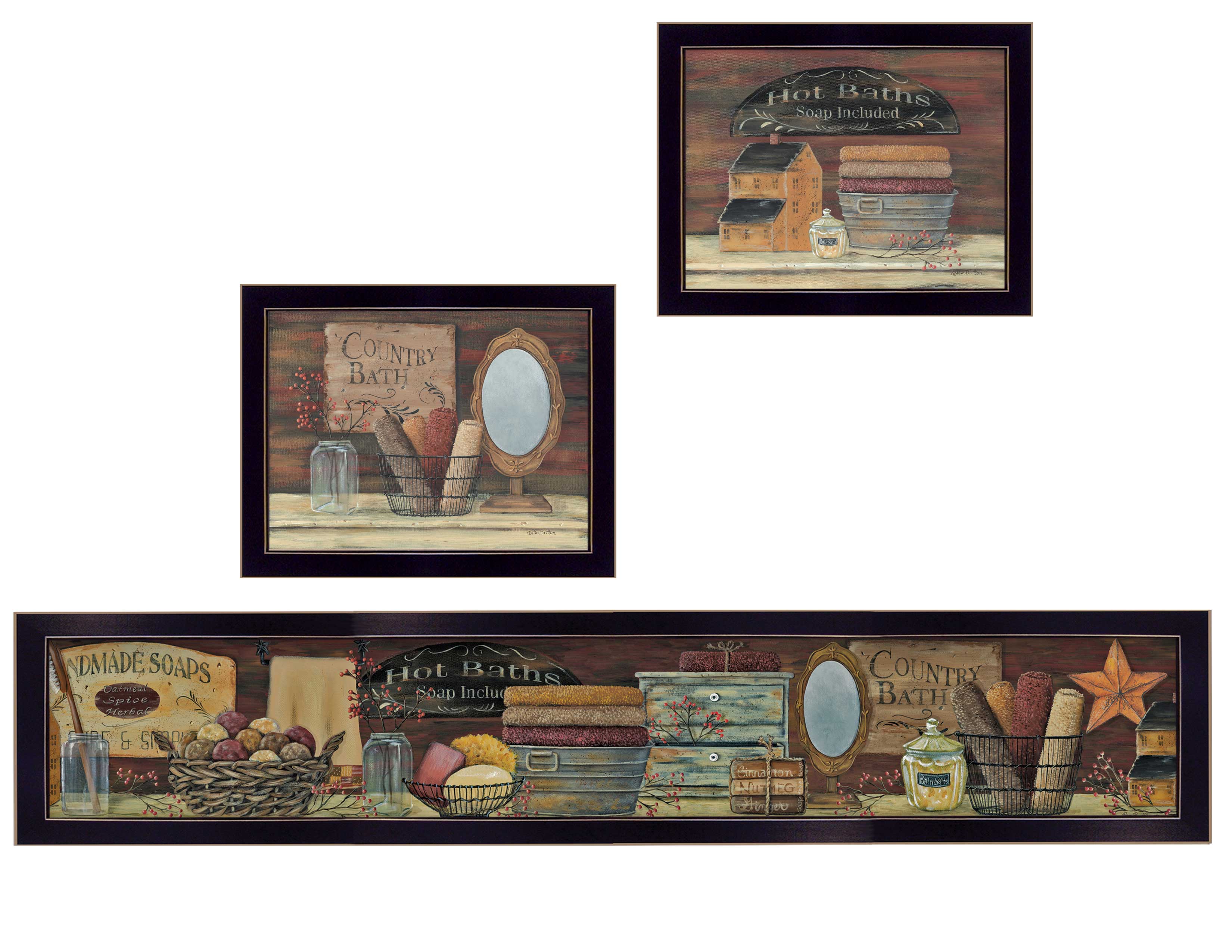 "COUNTRY BATH II" 3-Piece Vignette by Pam Britten, Black Frame--1