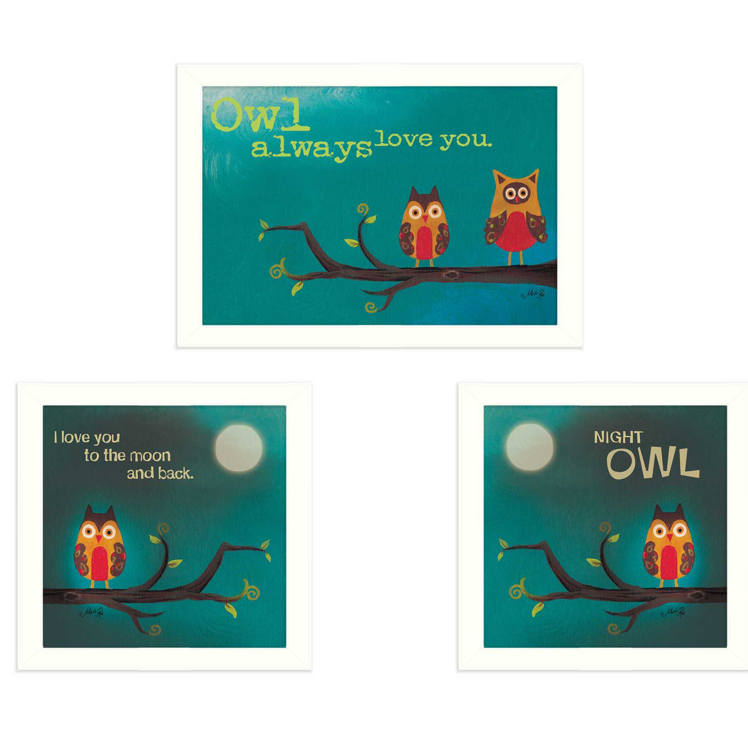 "Owls II Collection" 3-Piece Vignette By Marla Rae, Printed Wall Art, Ready To Hang Framed Poster, White Frame--1