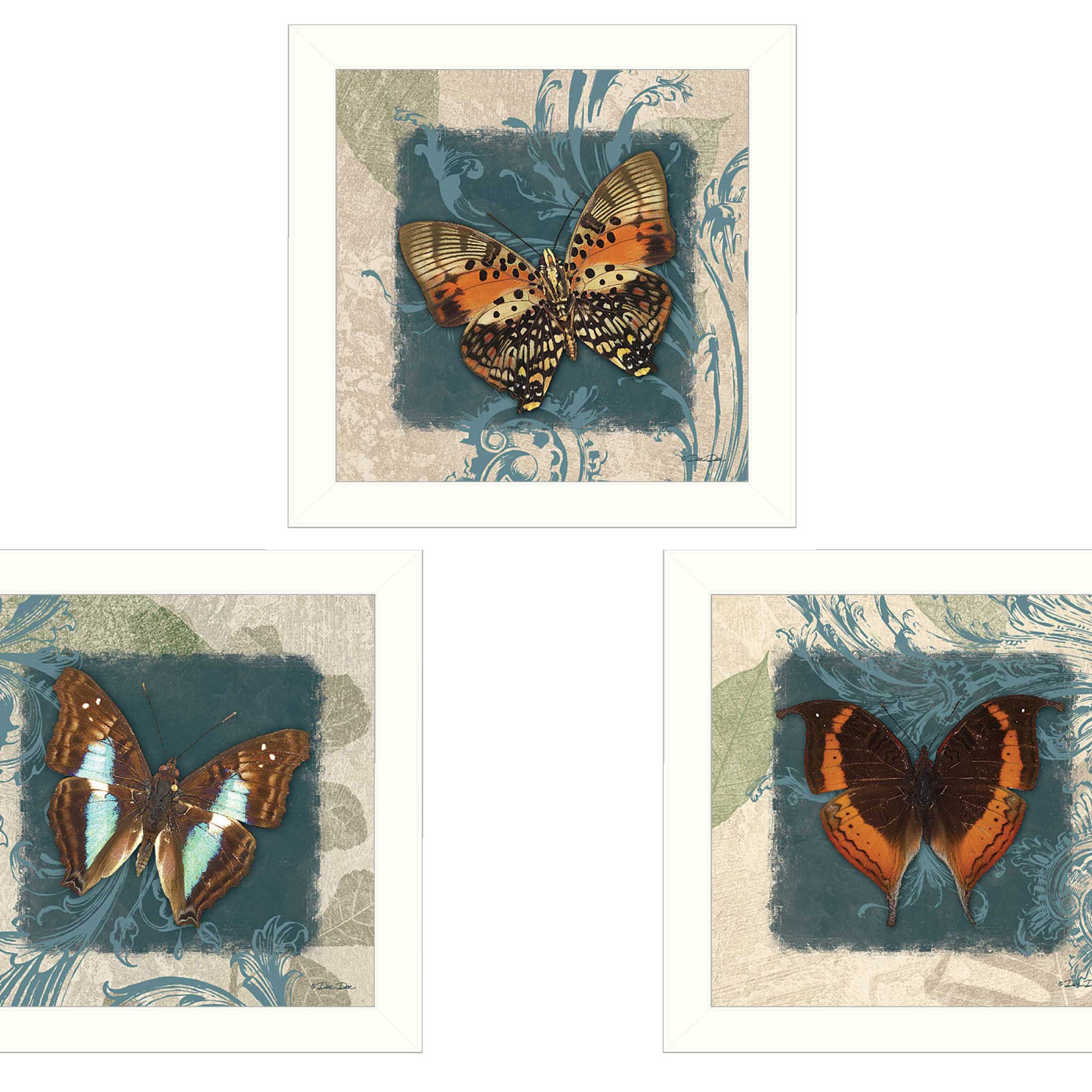 "Butterflies Collection" 3-Piece Vignette By Dee Dee, Printed Wall Art, Ready To Hang Framed Poster, White Frame--1