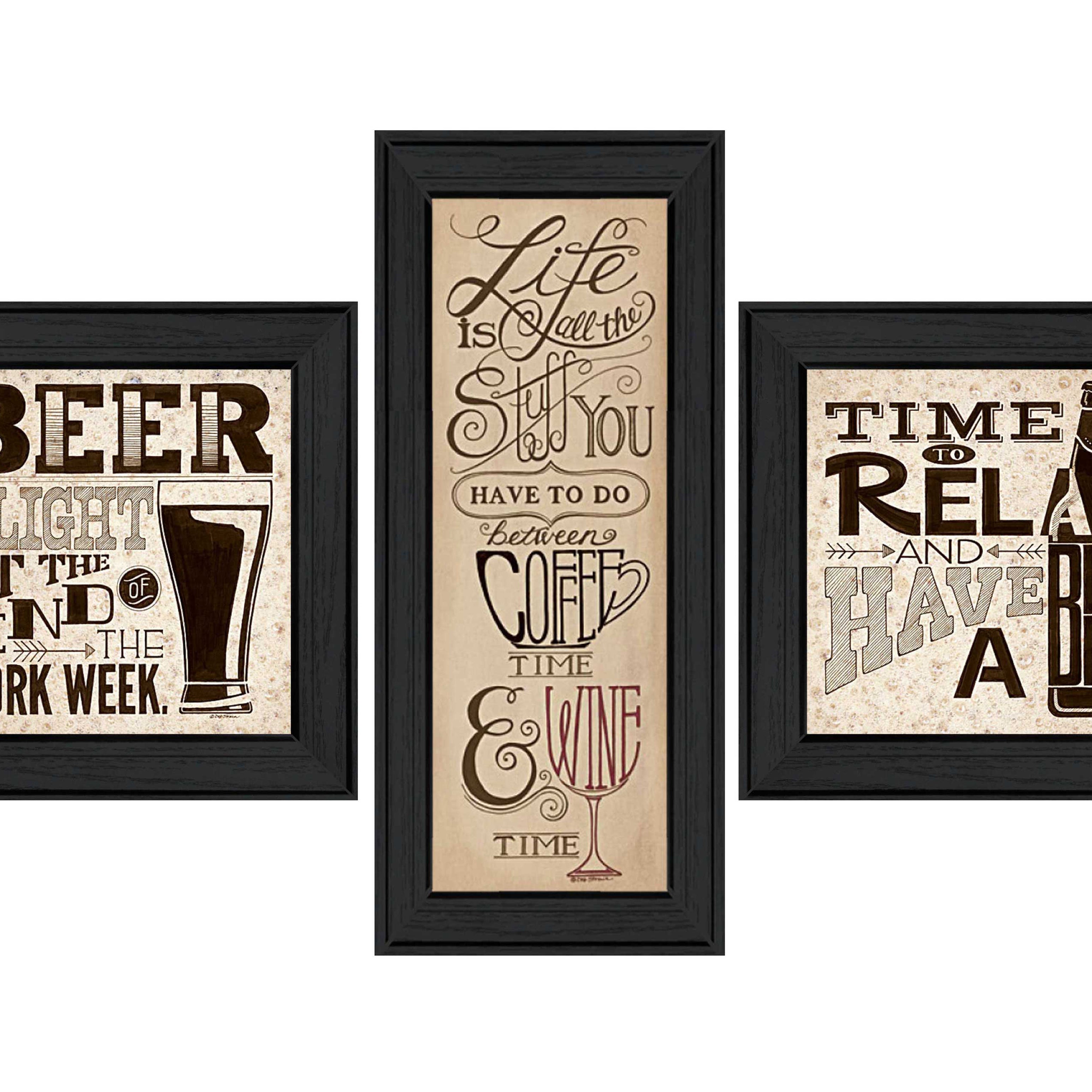 "Beer Time Collection" 3-Piece Vignette By Deb Strain, Printed Wall Art, Ready To Hang Framed Poster, Black Frame--1