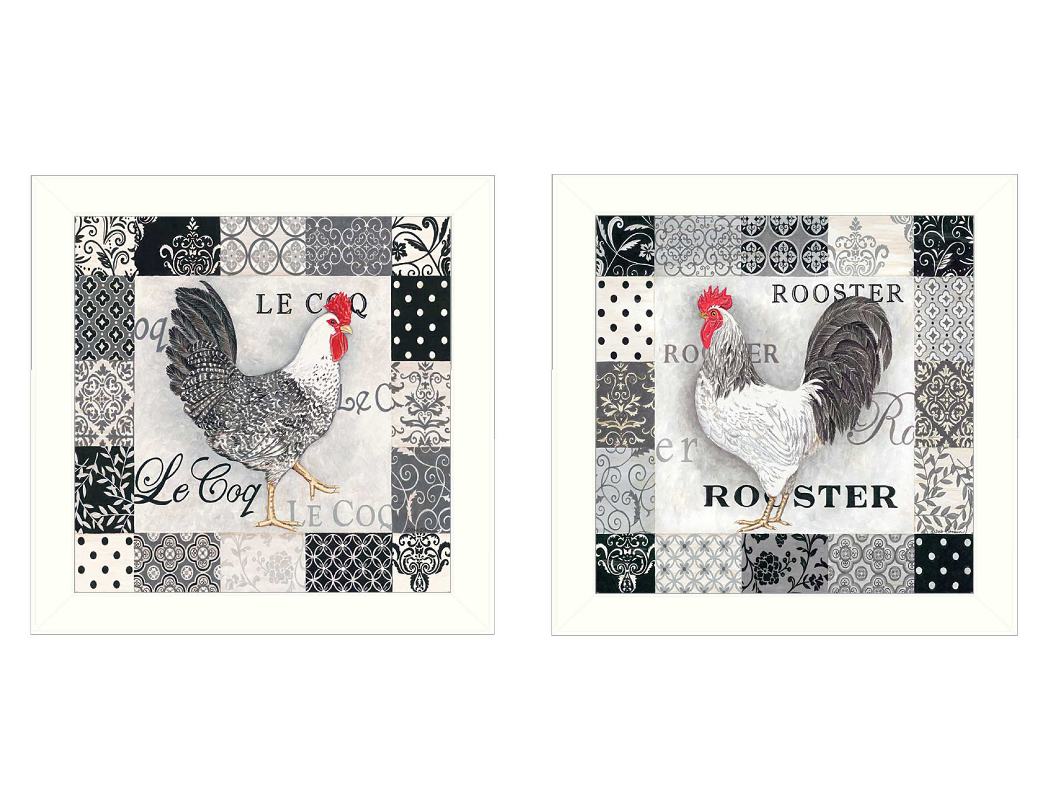 "Rooster II Collection" 2-Piece Vignette By Deb Strain, Printed Wall Art, Ready To Hang Framed Poster, White Frame--1