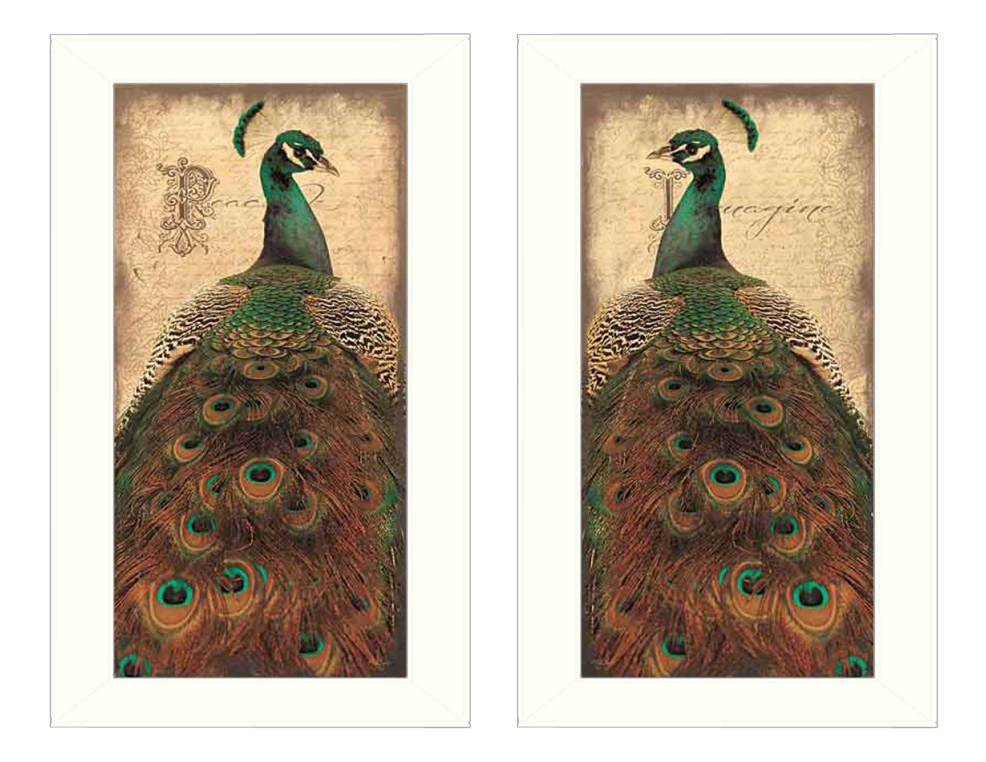 "Peacock Collection" 2-Piece Vignette By John Jones, Printed Wall Art, Ready To Hang Framed Poster, White Frame--1