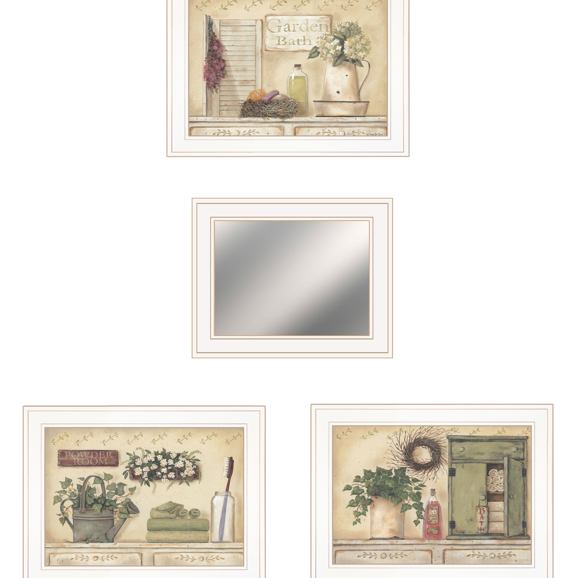 "Garden Bath Collection " 4-Piece Vignette By Pam Britton, Ready to Hang Framed Print, White Frame--1