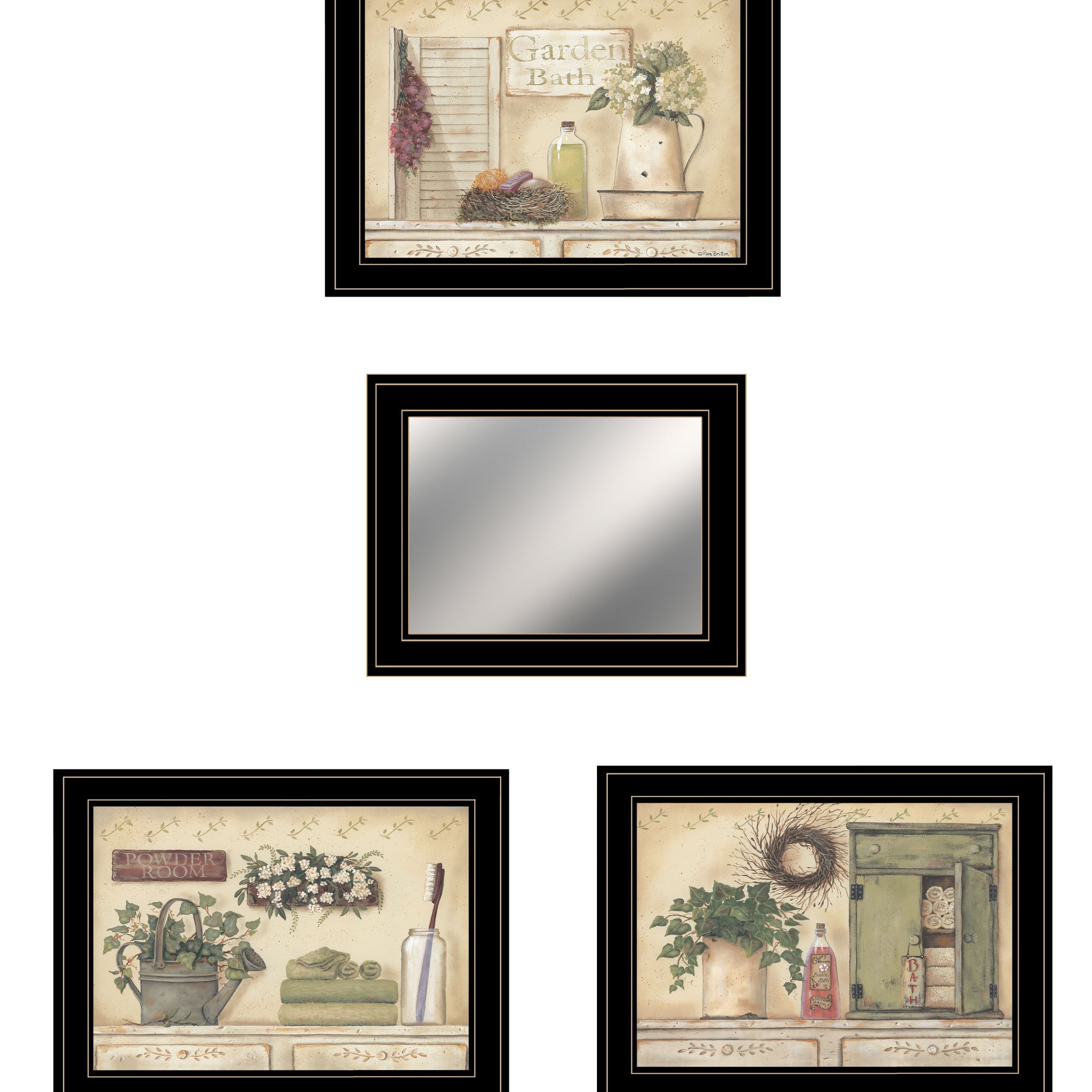 "Garden Bath Collection " 4-Piece Vignette By Pam Britton, Ready to Hang Framed Print, Black Frame--1