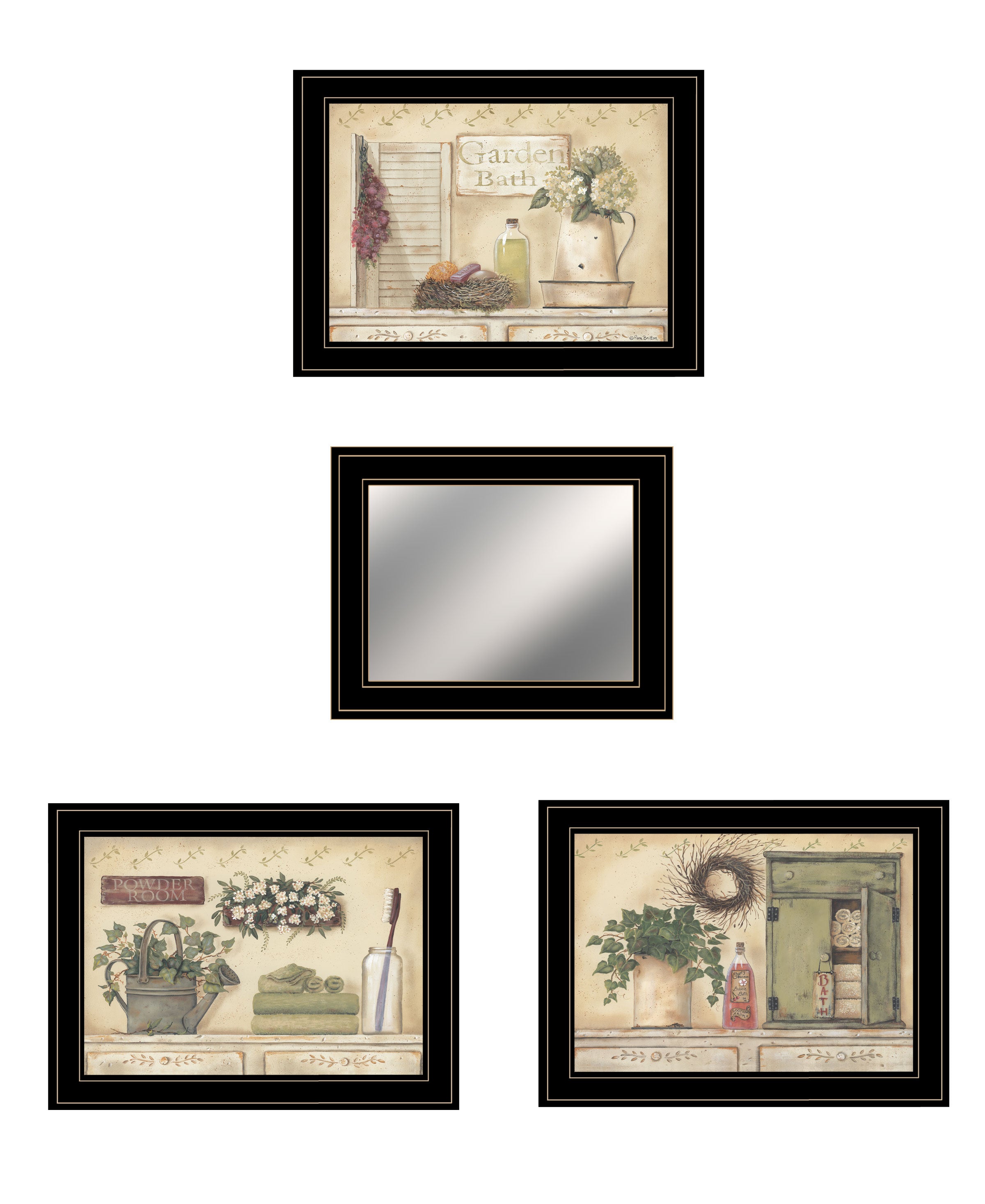 "Garden Bath Collection " 4-Piece Vignette By Pam Britton, Ready to Hang Framed Print, Black Frame--1