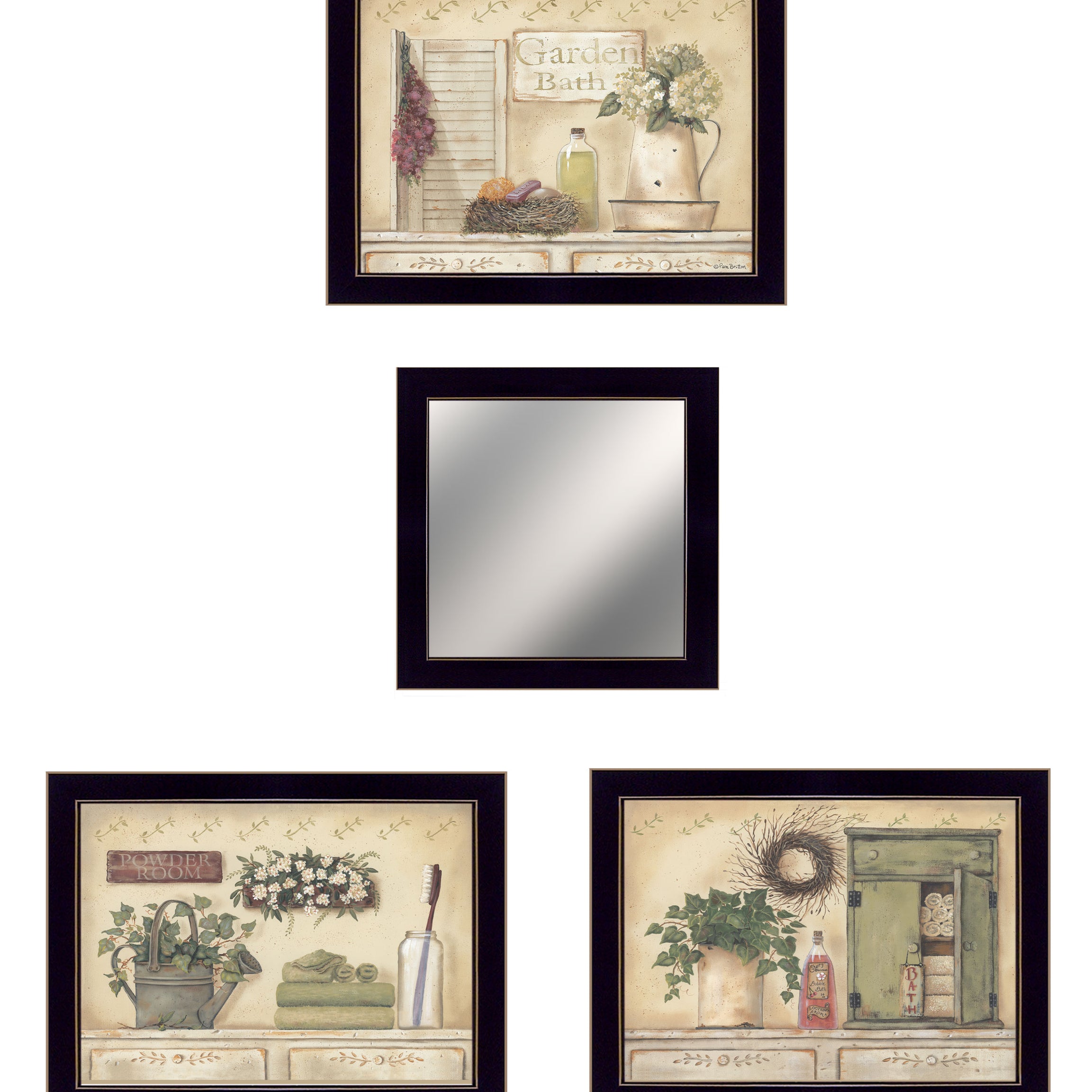 "Garden Bath Collection " 4-Piece Vignette By Pam Britton, Ready to Hang Framed Print, Black Frame--1